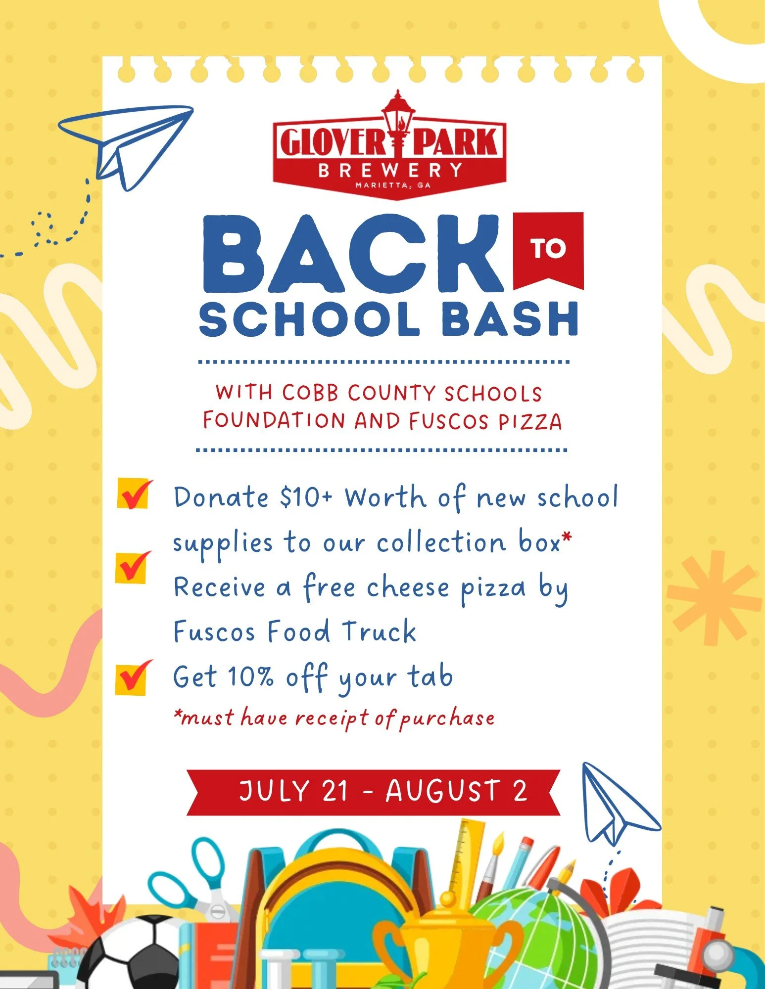 Join us for BACK TO SCHOOL BASH, GPB Run Club, and Pizza by Fusco's Food Truck!