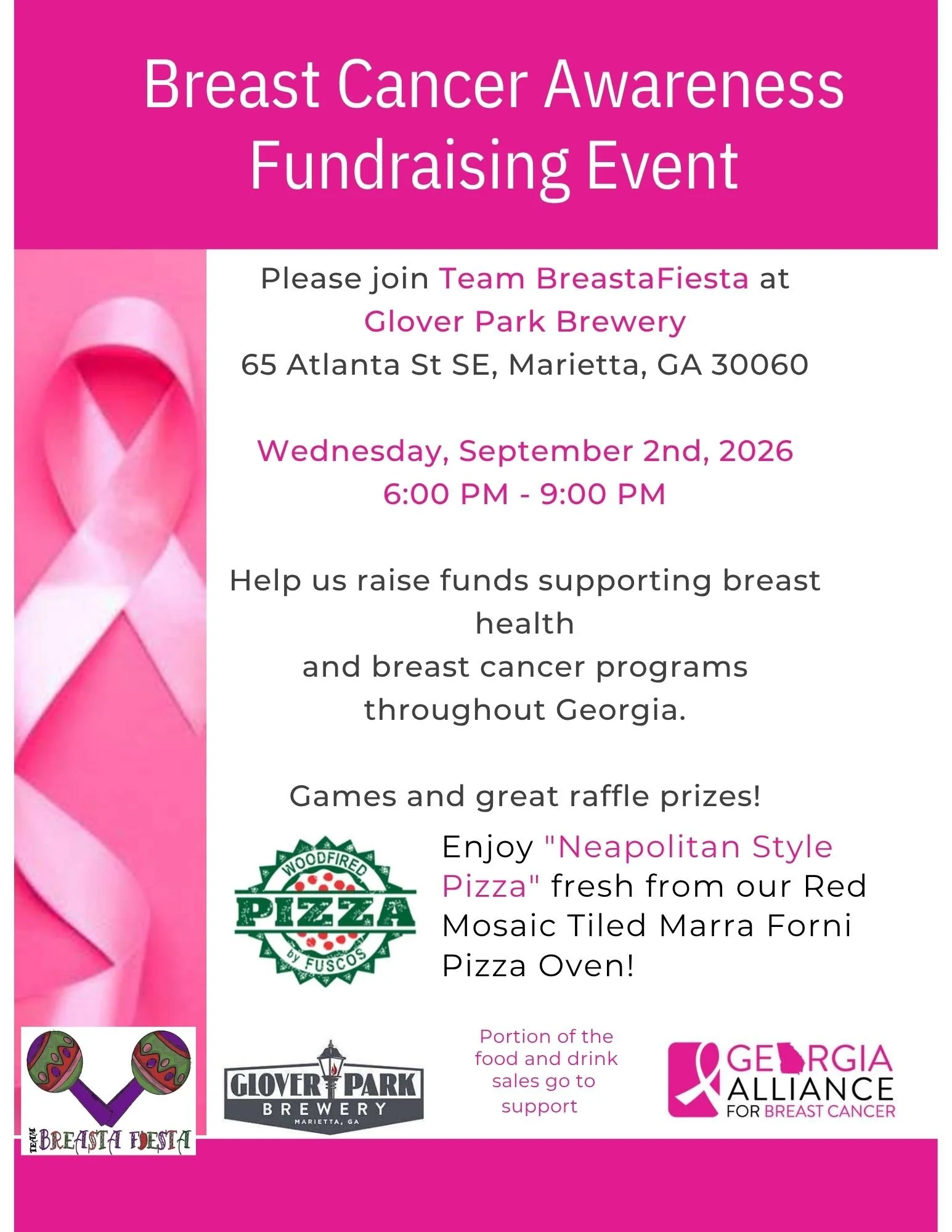 GPB Presents Charity Night with Georgia Alliance for Breast Cancer, Wine Down Wednesday, and Pizza by Fusco’s Food Truck!