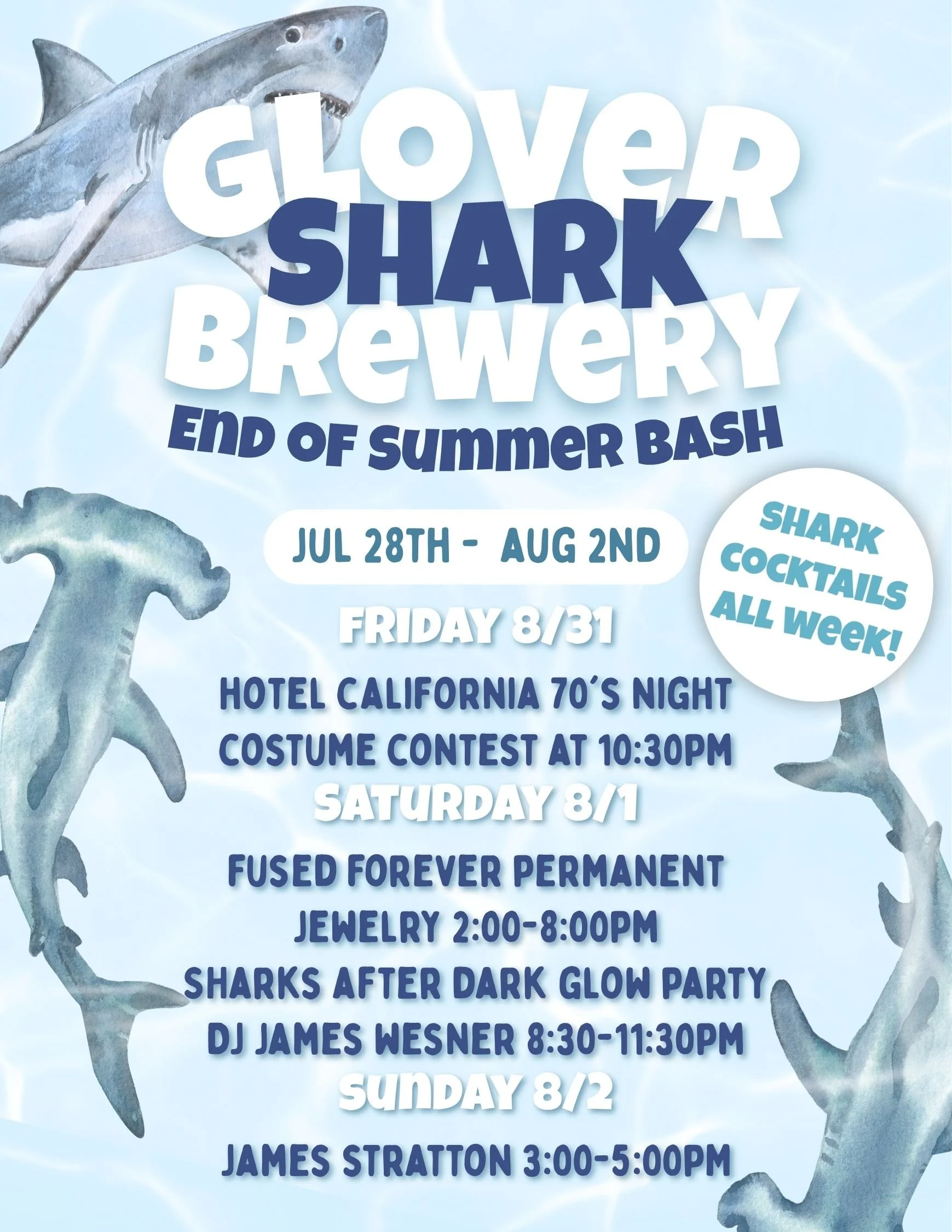SHARK WEEK-SUNDAY-MUSIC WITH JAMES STRATTON,Donate to our Back to School Bash, and Pizza by Fuscos’s Food Truck!