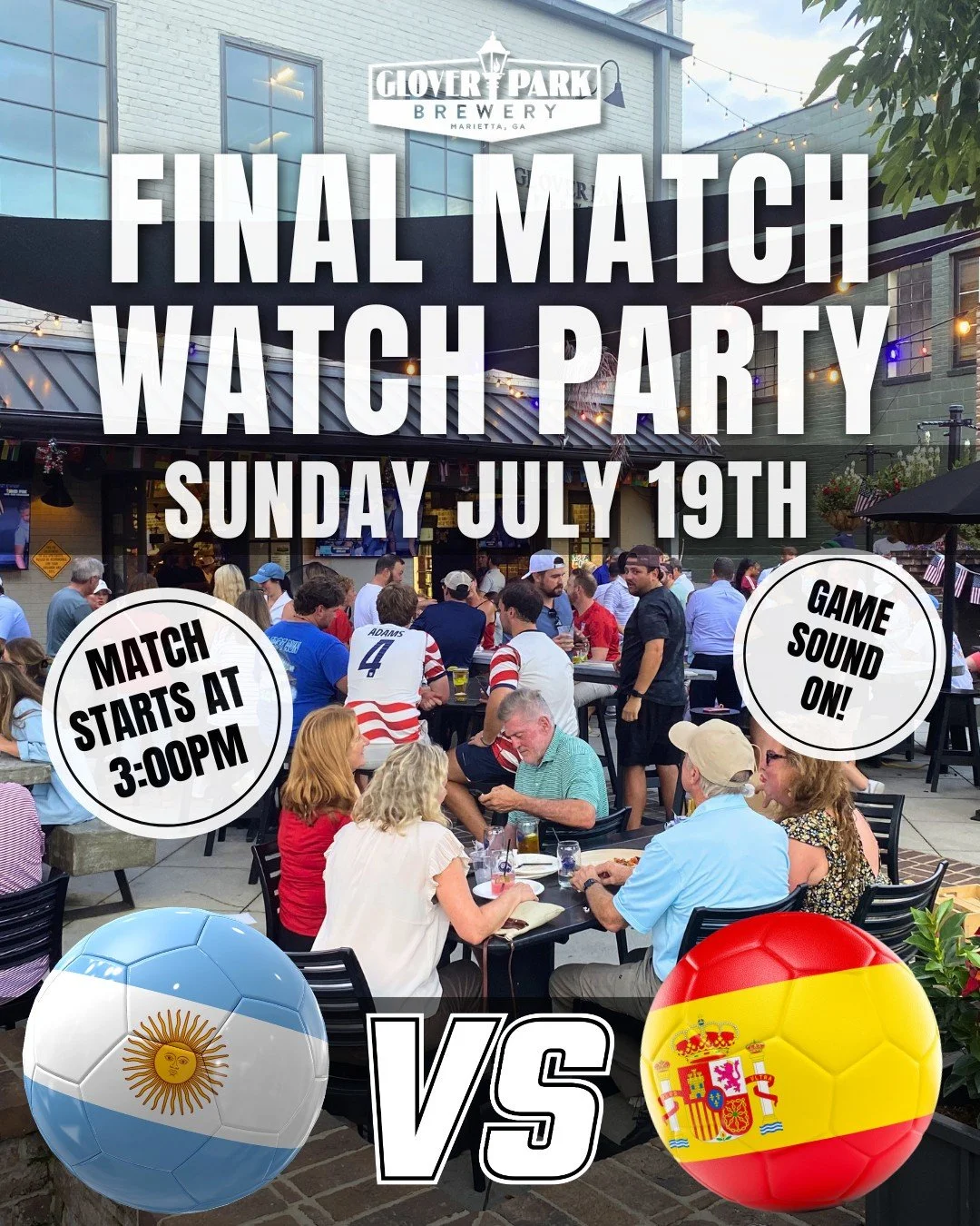 JOIN US FOR FINAL MATCH WATCH PARTY,  music with Stratton James, and Pizza by Fusco's Food Truck!