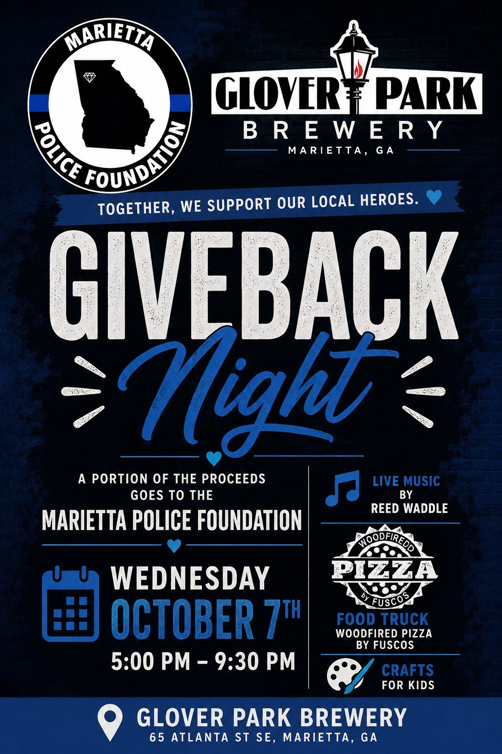 GPB Presents Give Back Night with Marietta Police Foundation, Wine Down Wednesday, and Pizza by Fusco's Food Truck!