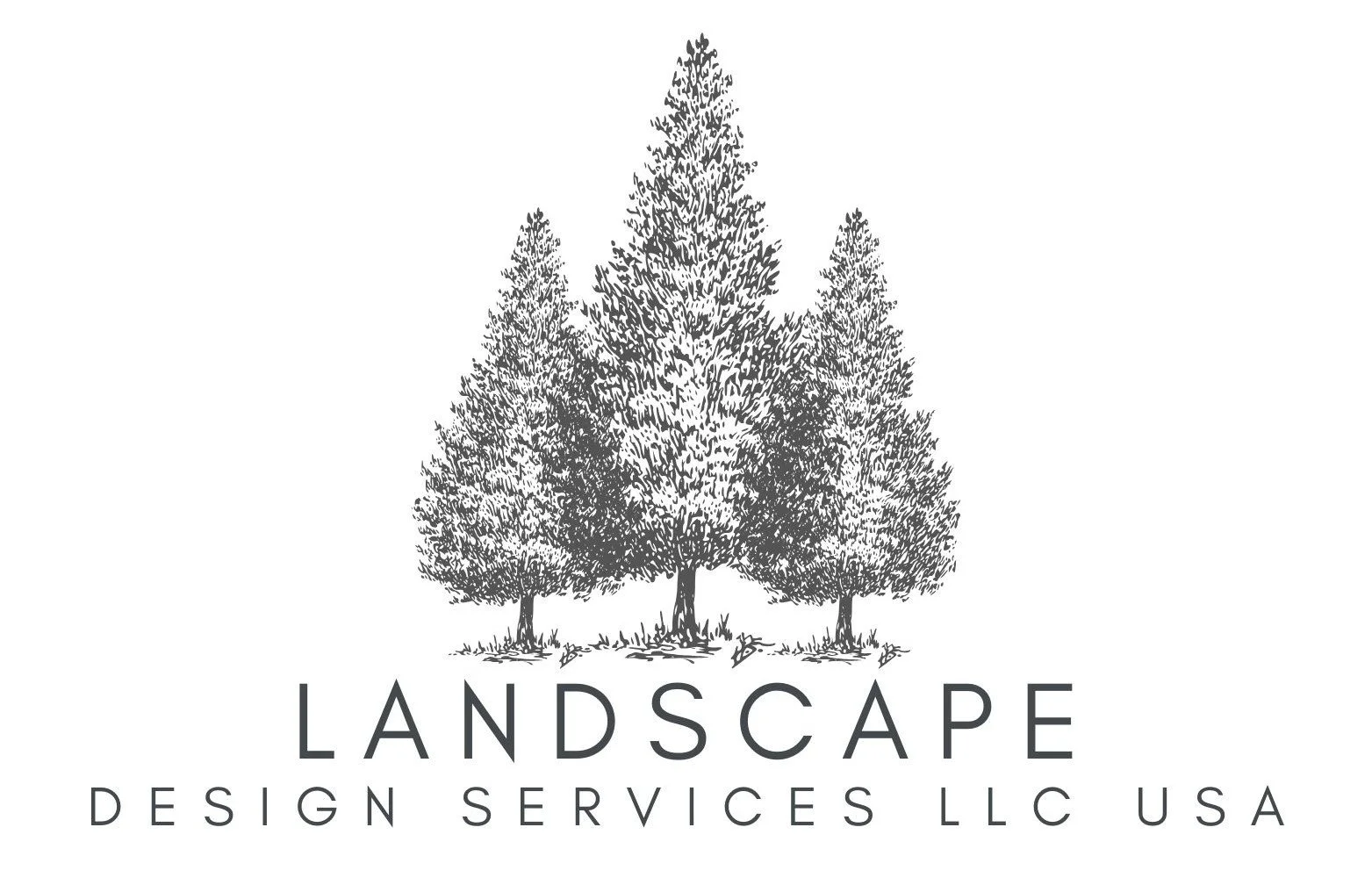 Black and white logo of three trees with the words 'LANDSCAPE DESIGN SERVICES LLC USA' underneath. Located in Cedar City Utah