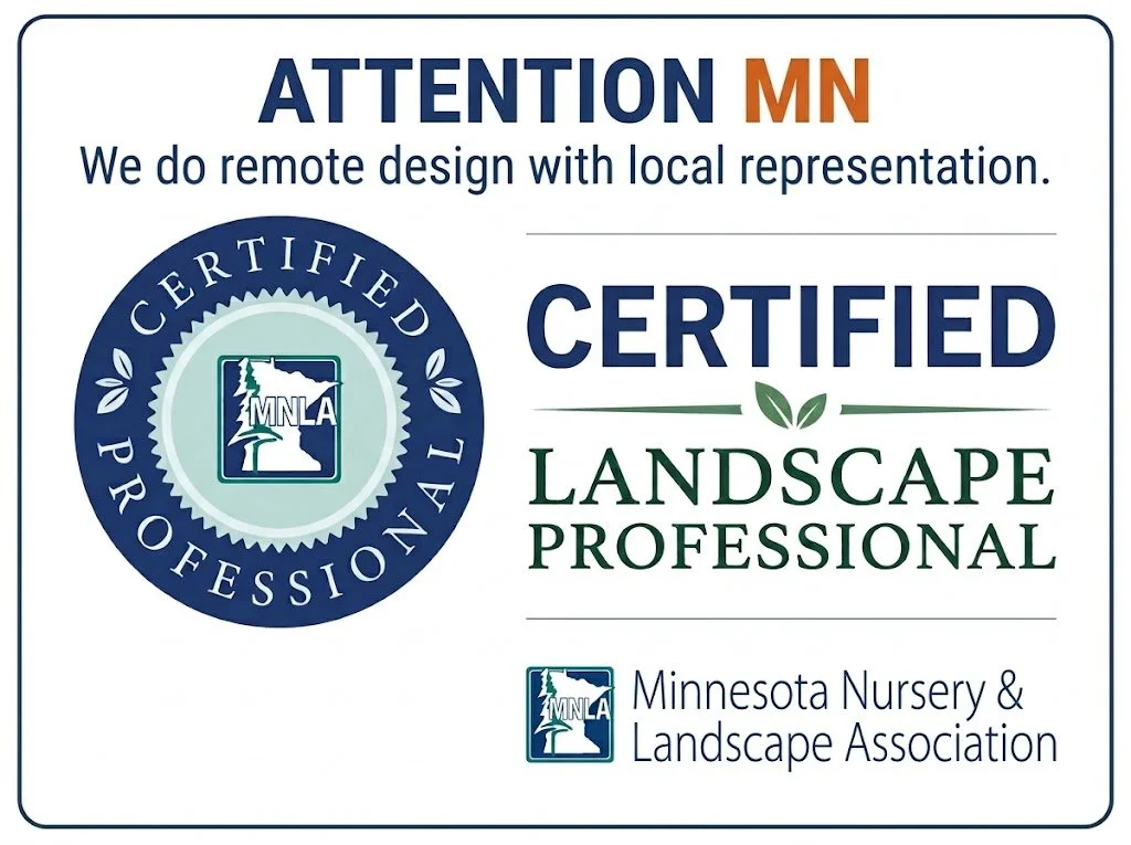 Minnesota Nursery & Landscape Association certified landscape professional badge with text indicating remote design with local representation. Professional , qualified, expereinced