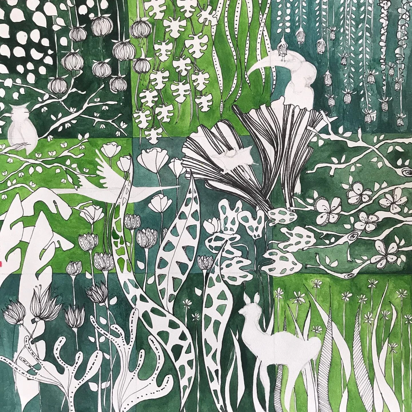 Frames in Jungle Greens. 
.
.
Watercolour and Ink on paper