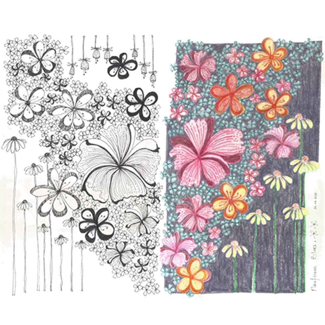 Floriferous Blues. 
.
.
Ink and Colour Pencils.