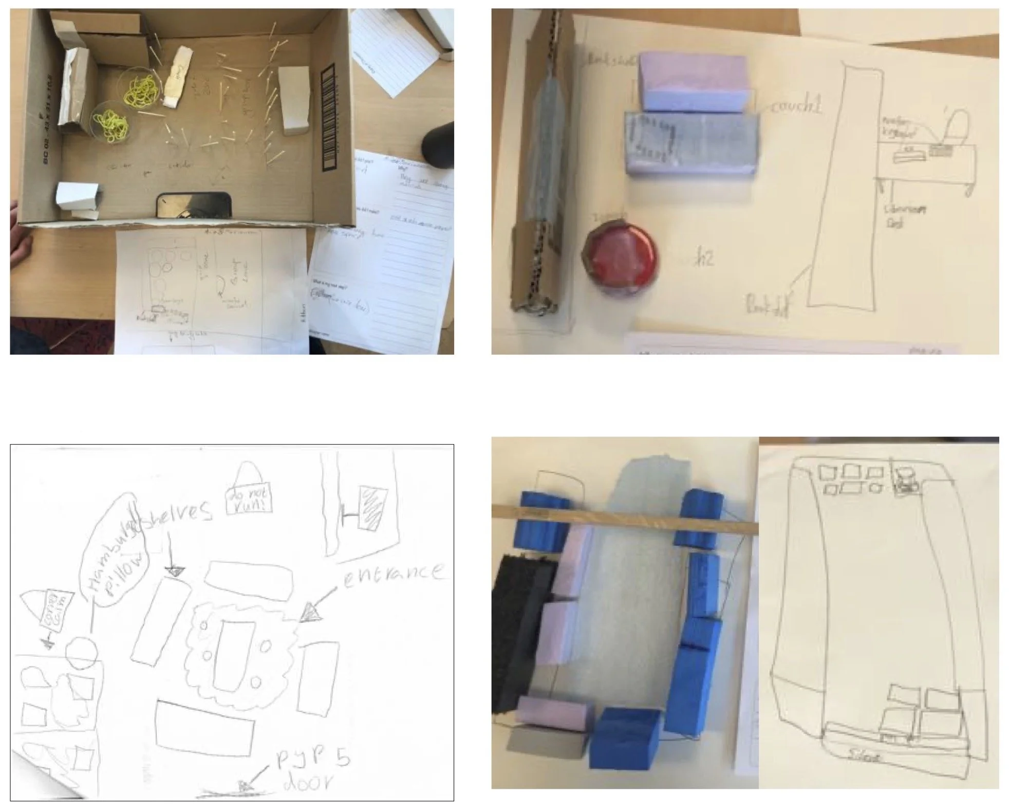 Different forms of prototyping 'base' created by the children. These ranged from sketched floor plans to cardboard walls or existing bookshelves as dividers.