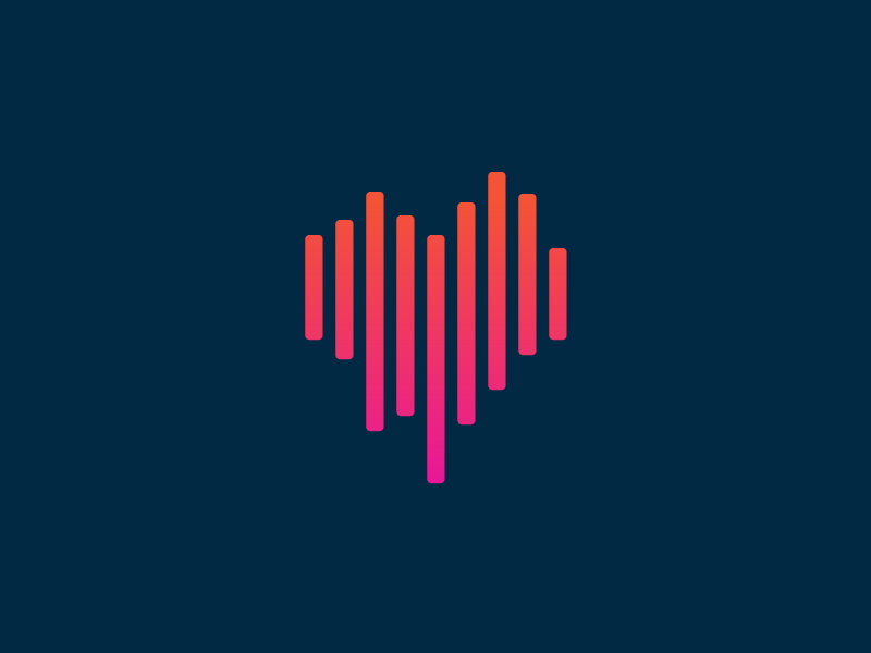 Heart-shaped soundwave icon with gradient colors on dark background.
