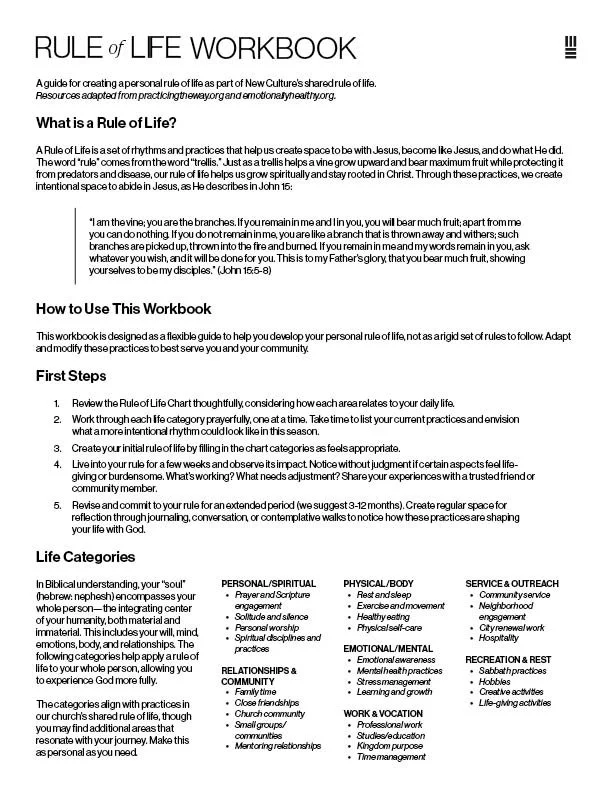 Page of a "Rule of Life Workbook" containing text about creating a personal rule of life, including definitions, usage instructions, first steps, and life categories such as personal/spiritual and emotional/mental.