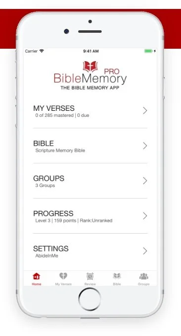 "Bible Memory Pro" app home screen on an iPhone, displaying categories like "My Verses," "Bible," "Groups," "Progress," and "Settings" against a white background.