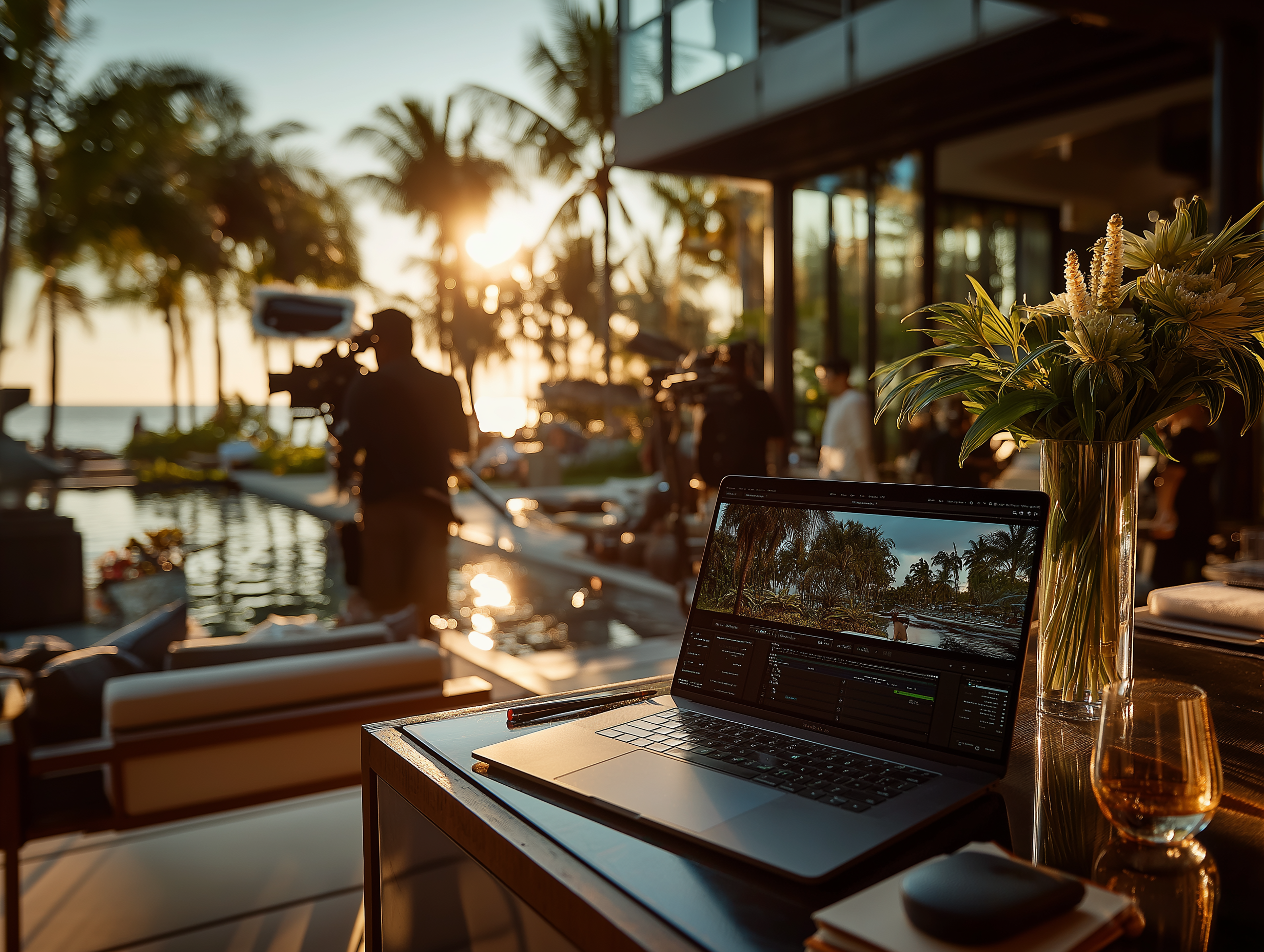 Laptop on a table with a flower vase, outdoors during sunset, with filming crew and palm trees in the background.