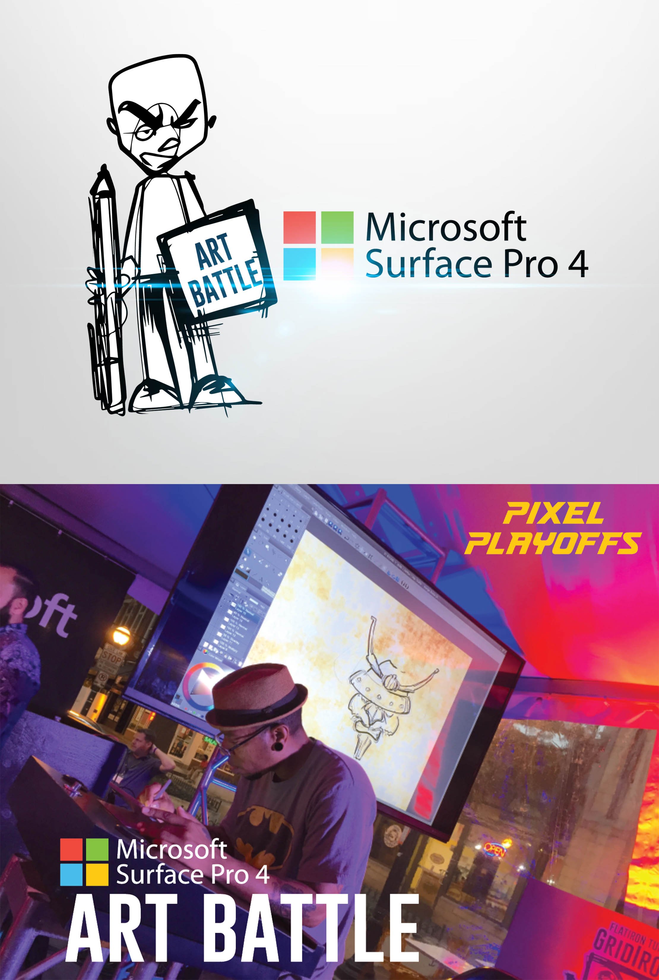 The top image features a cartoon sketch of a person holding a sign that says 'ART BATTLE,' alongside the Microsoft Surface Pro 4 logo with a colorful four-pane window icon. The bottom image shows a person wearing a Batman shirt and a hat, working on 