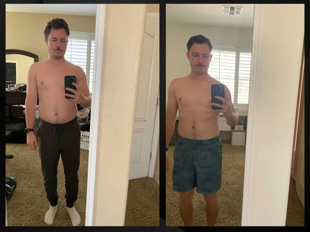 Side-by-side mirror selfies of an man showing weight loss progress. In the left photo, he is shirtless, wearing dark sweatpants and socks. In the right photo, he is shirtless, wearing shorts, with improved muscle tone.