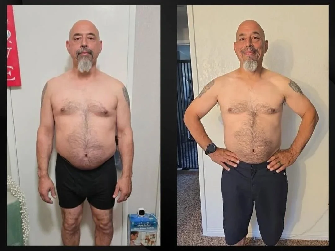 Side-by-side comparison of a man before and after losing weight. In the first image, he appears heavier and is standing against a plain wall. In the second image, he is leaner, smiling, with his hands on his hips, standing against a different wall.
