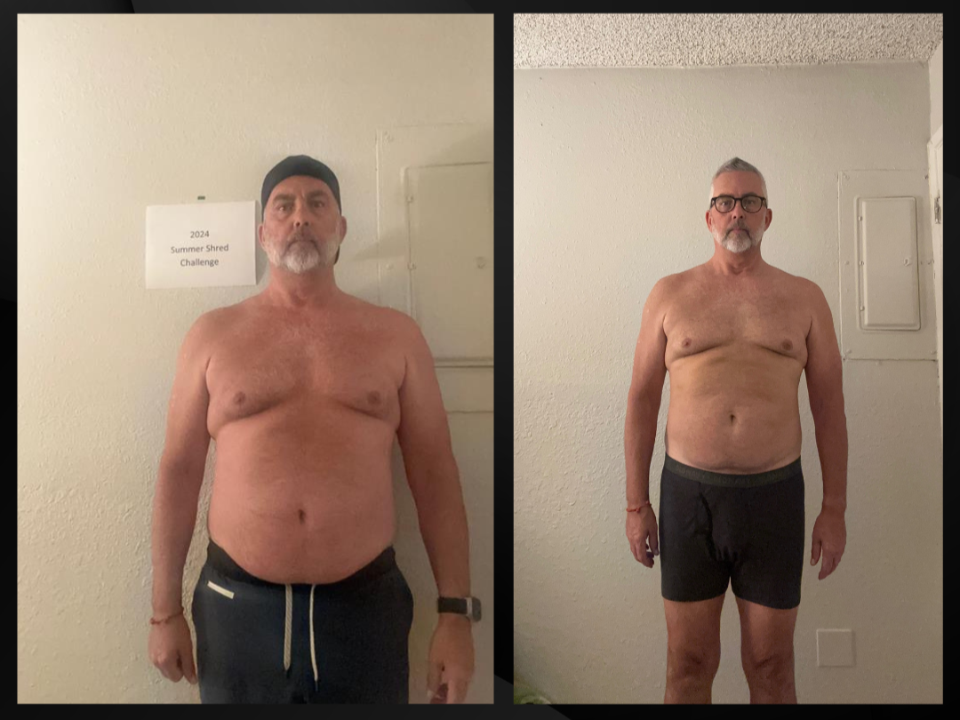 Side-by-side comparison of a shirtless middle-aged man before and after a fitness challenge, with a sign behind him reading '2024 Summer Shred Challenge.'