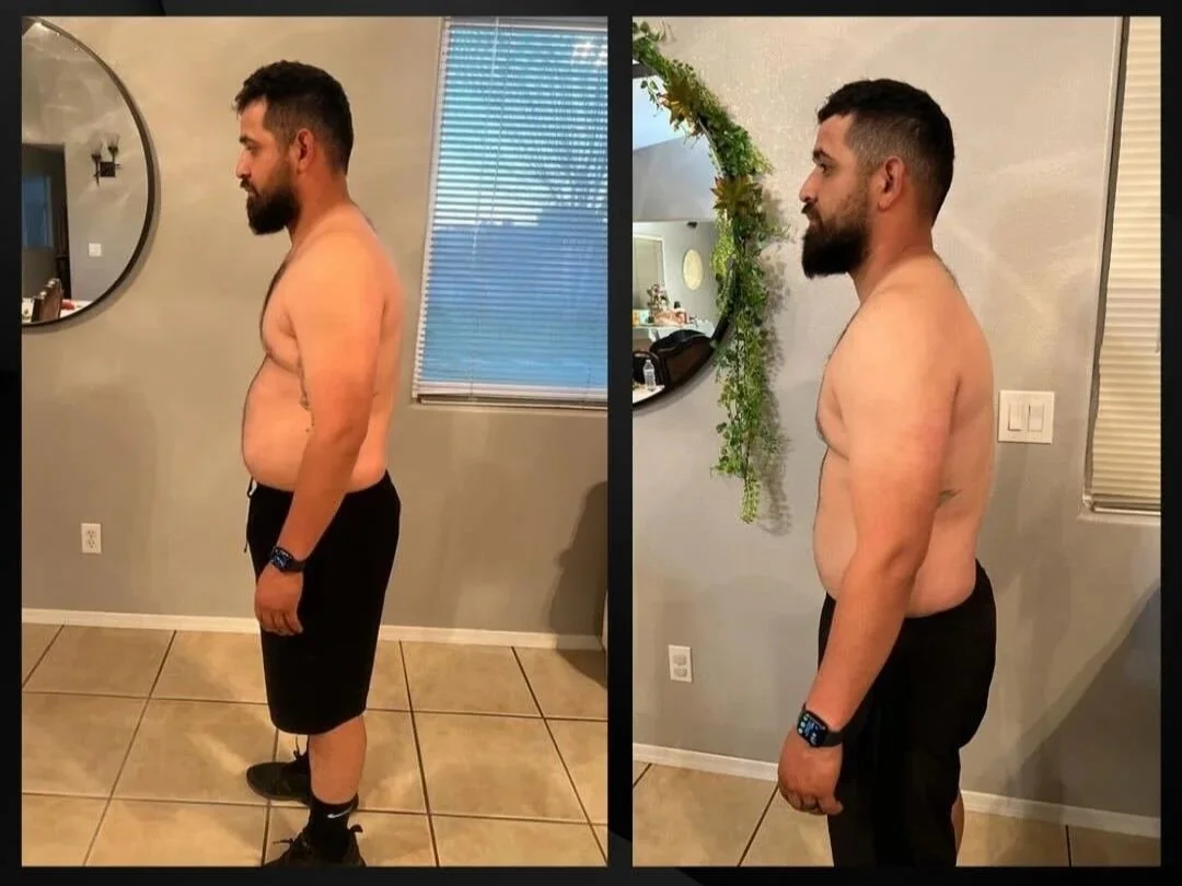 Side-by-side comparison of a man before and after weight loss, shirtless, standing indoors in front of mirrors with different backgrounds.