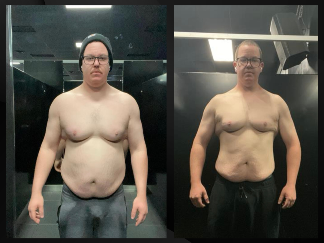 Side-by-side comparison of a shirtless man before and after weight loss, standing in a gym locker room with black walls and ceiling, wearing glasses and black pants.