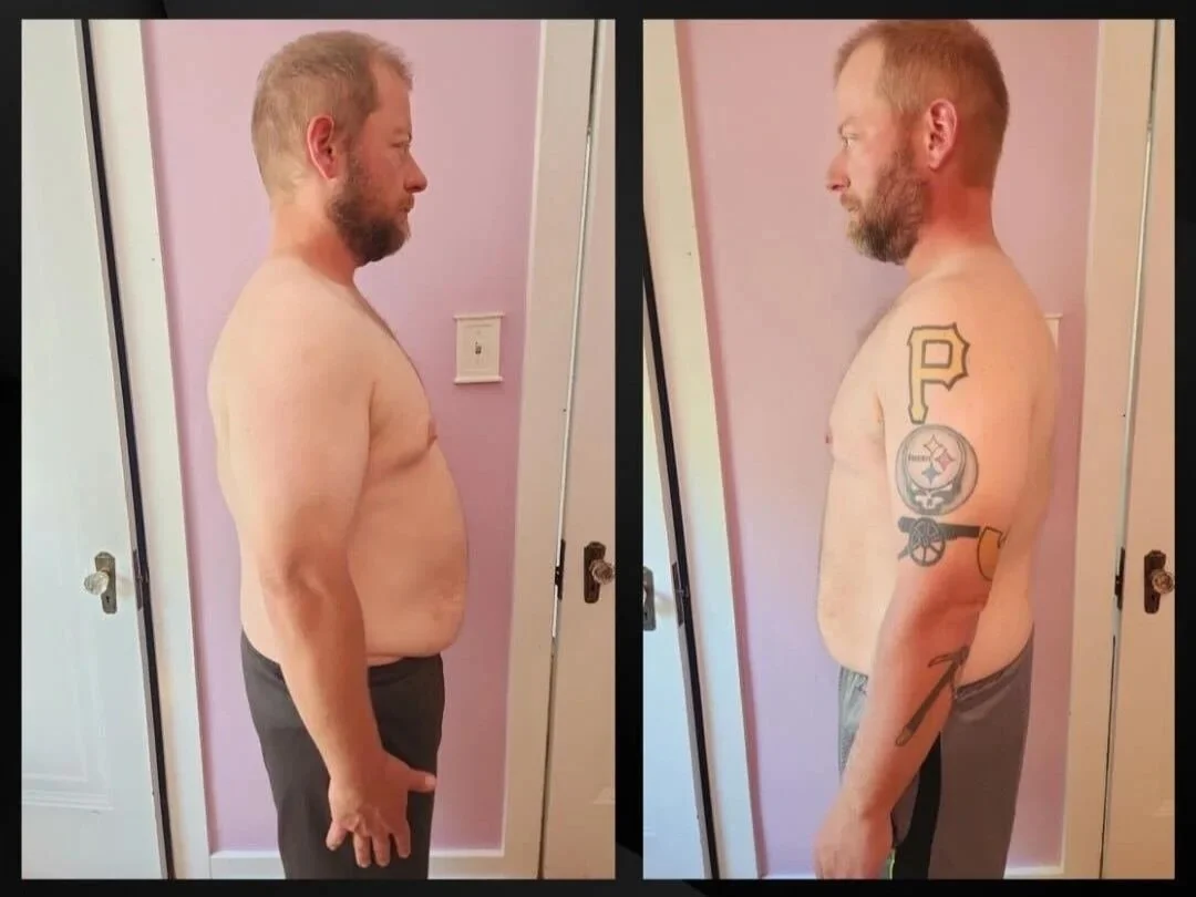 Before and after side-by-side photos of a shirtless man showing significant weight loss, with the right photo displaying tattoos on his arm.
