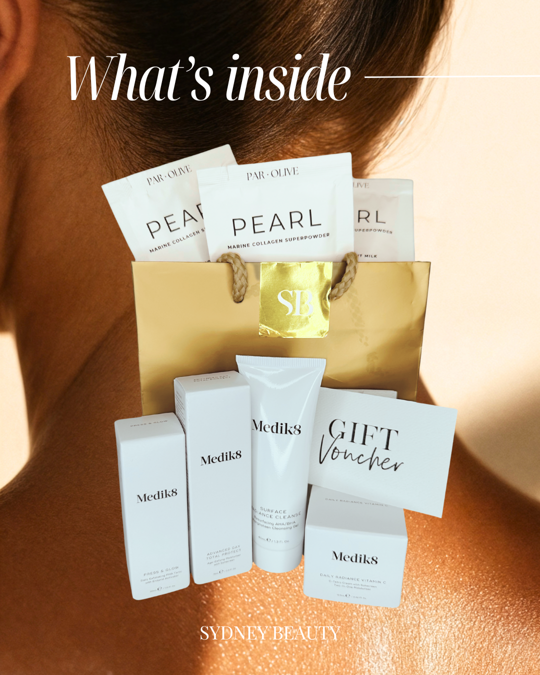 A collection of skincare and beauty products, including Medik8 and Pearl Marine Collagen Superpowder, arranged on a gold gift bag with a white gift card that says 'GIFT Voucher', set against a person's shoulder and neck.