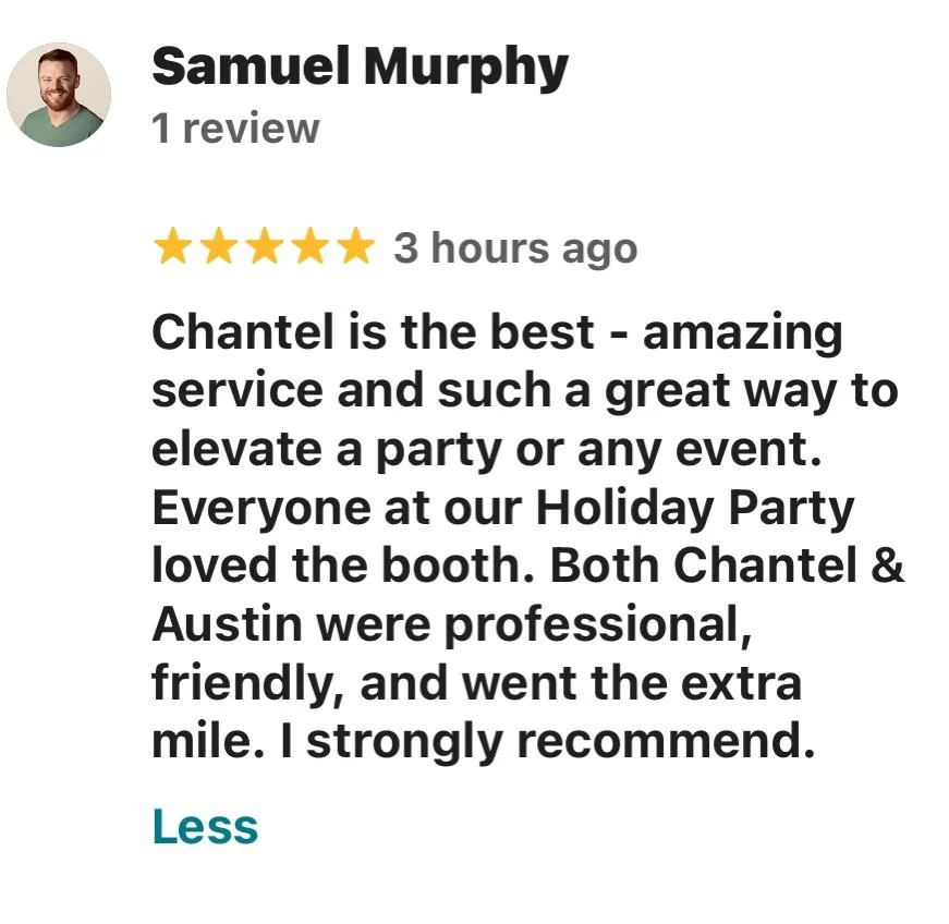 Reviews are the life of our business! Thank you so much for sharing your experience with Up In Lights! 📸

#photoboothfun #photobooth #photoboothrental #holidayparty #corporateevent #partyinspo #femalebusinessowner