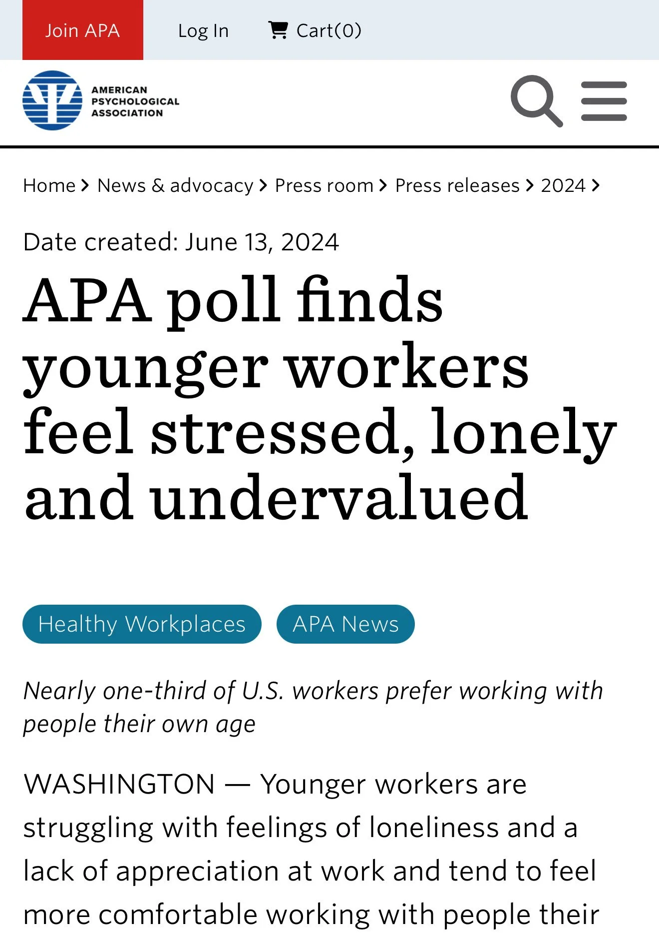 APA poll finds younger workers feel stressed, lonely and undervalued