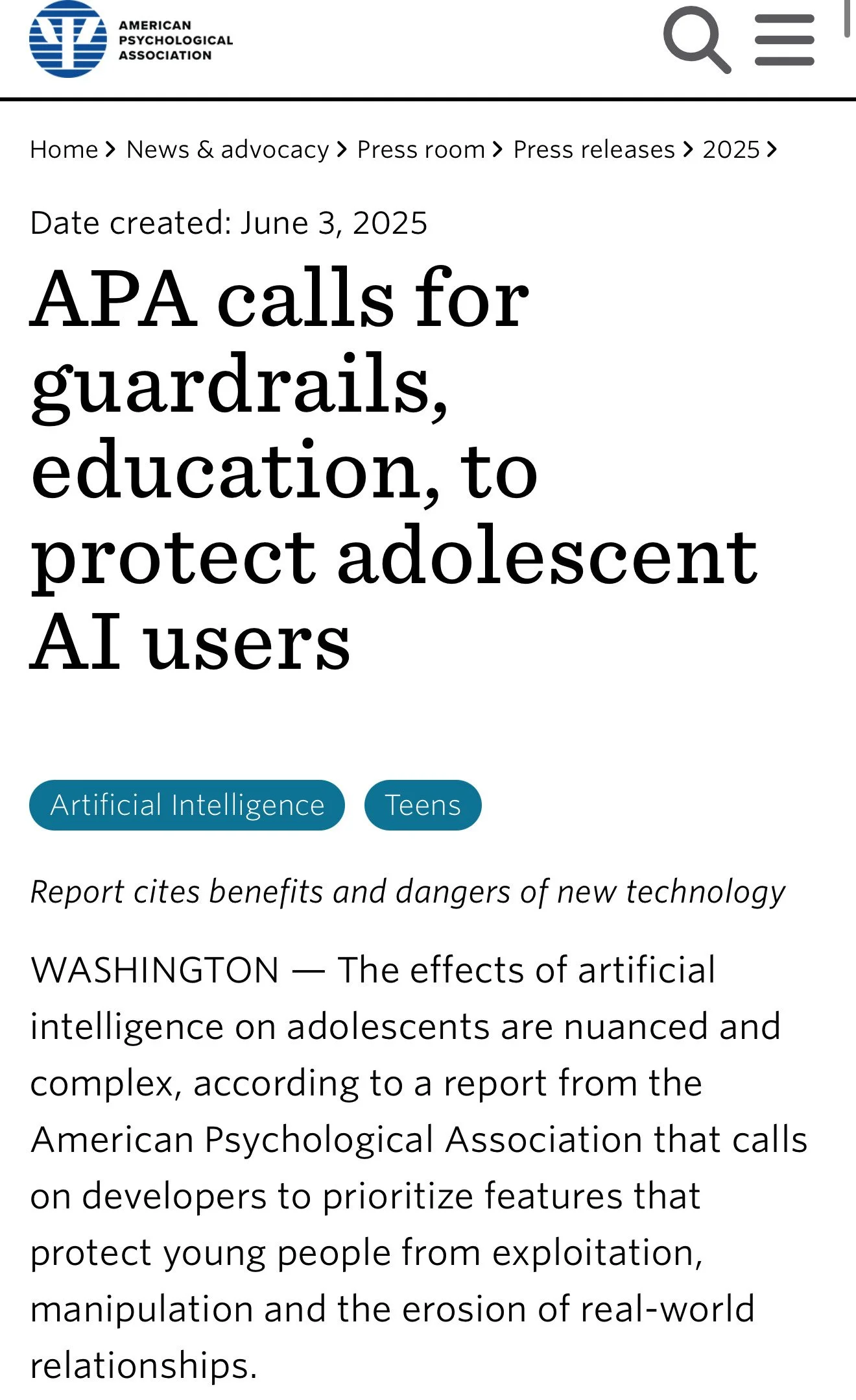 APA calls for guardrails, education, to protect adolescent AI users