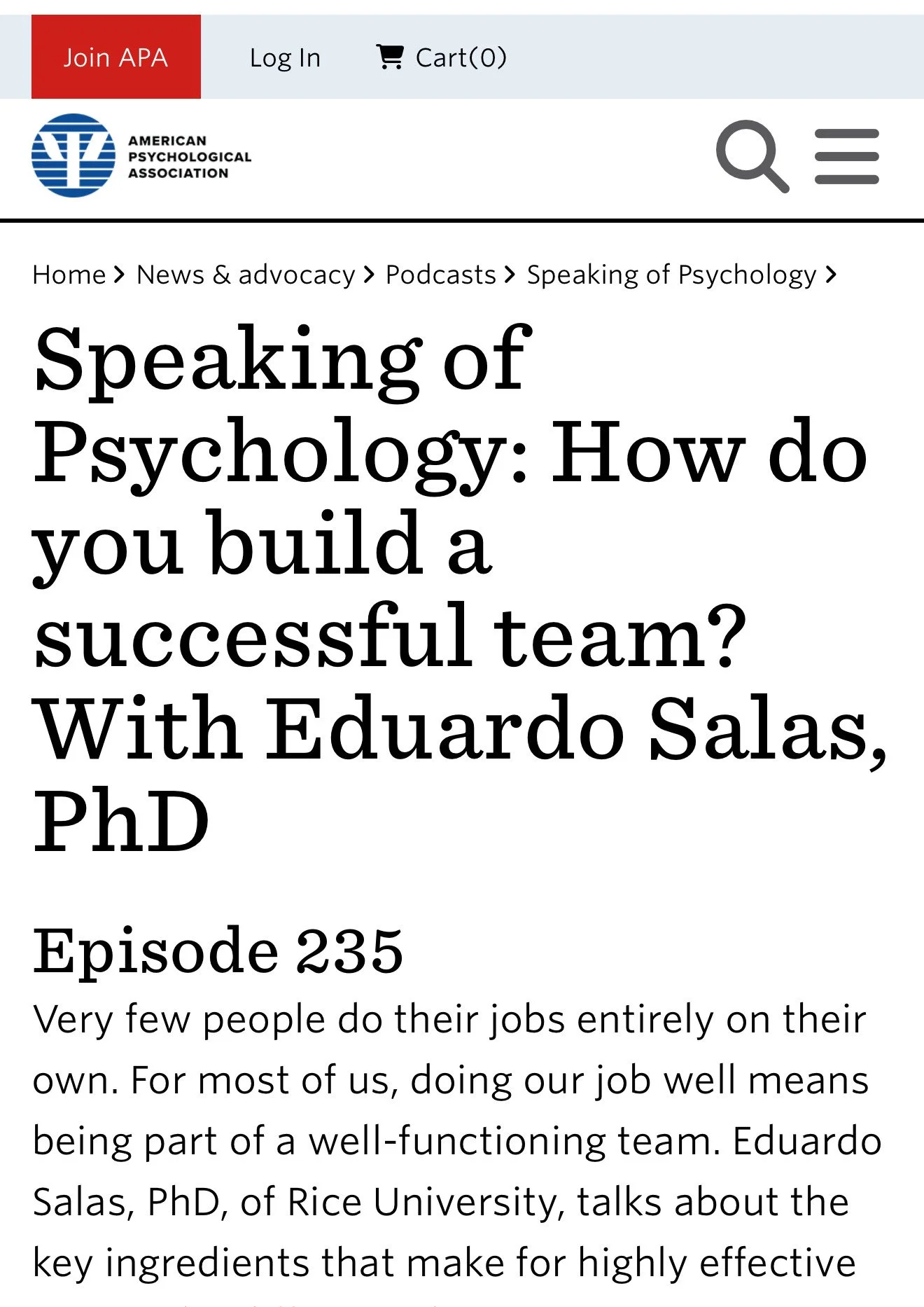 Speaking of Psychology: How do you build a successful team? With Eduardo Salas, PhD