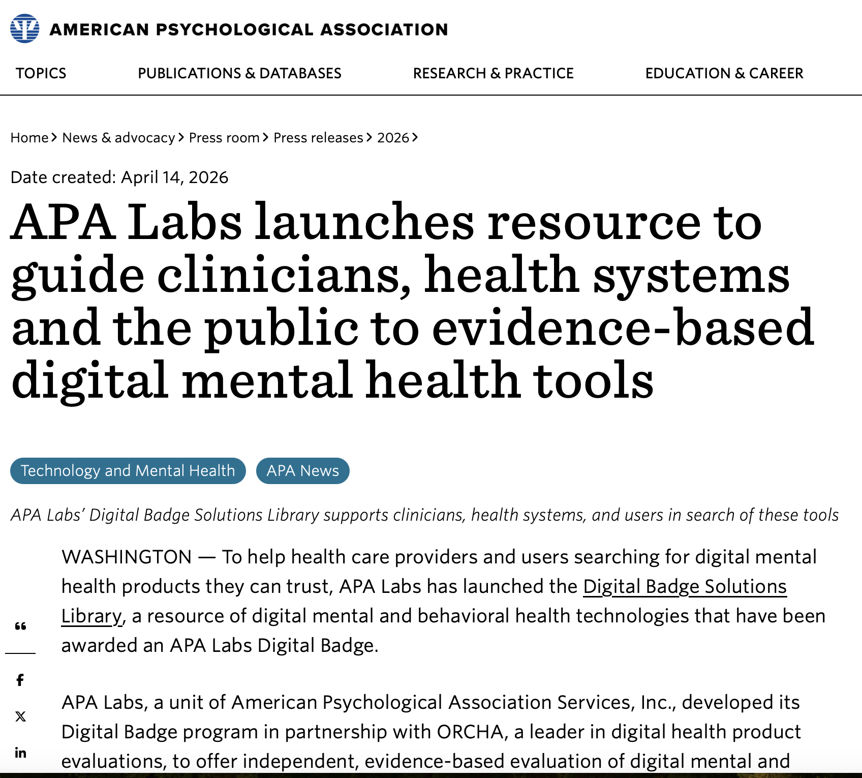 APA Labs Launches Resource to Guide Clinicians, Health Systems, and the Public to Evidence-Based Digital Mental Health Tools