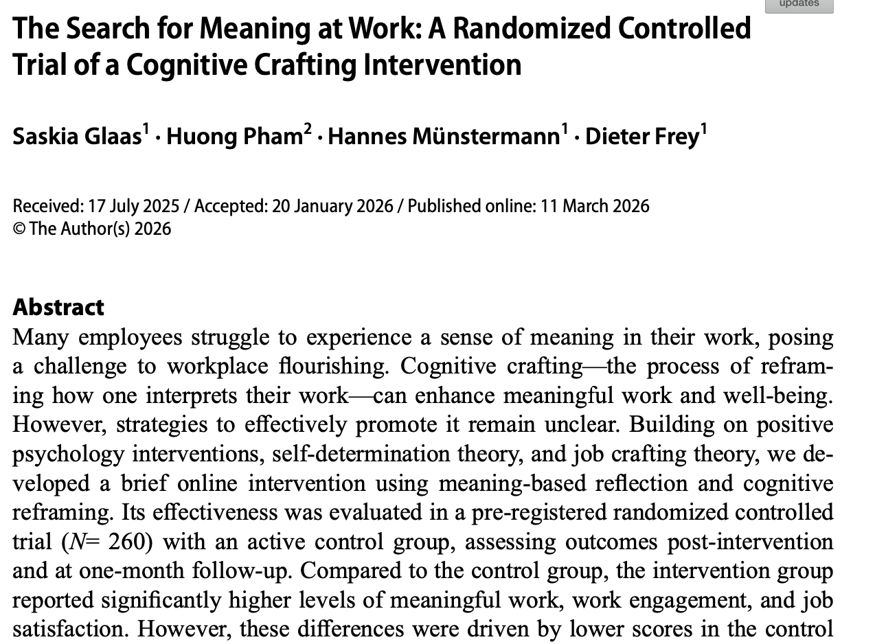 The Search for Meaning at Work: A Randomized Controlled Trial of a Cognitive Crafting Intervention