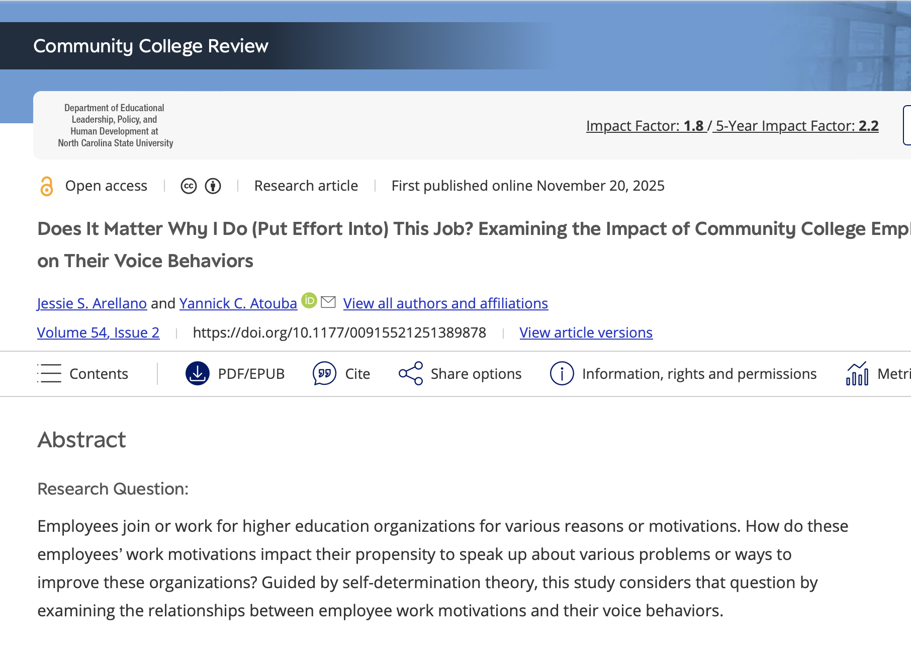 Does It Matter Why I Do (Put Effort Into) This Job? Examining the Impact of Community College Employees’ Work Motivations on Their Voice Behaviors