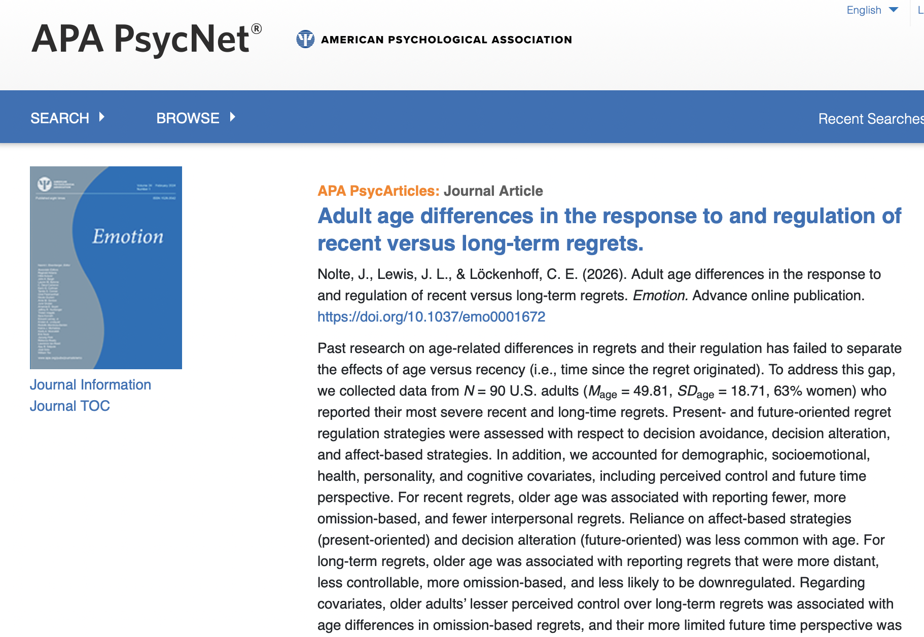 Adult Age Differences in the Response to and Regulation of Recent Versus Long-Term Regrets