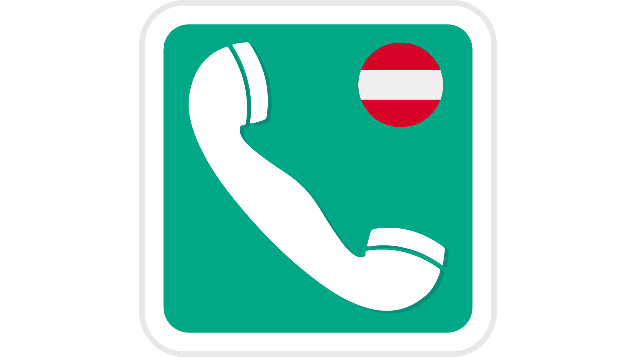 Symbol für einen deutschen Notruf, mit einem weißen Telefonhörer auf grünem Hintergrund und einem österreichischen Landesflaggen-Symbol in der oberen rechten Ecke.