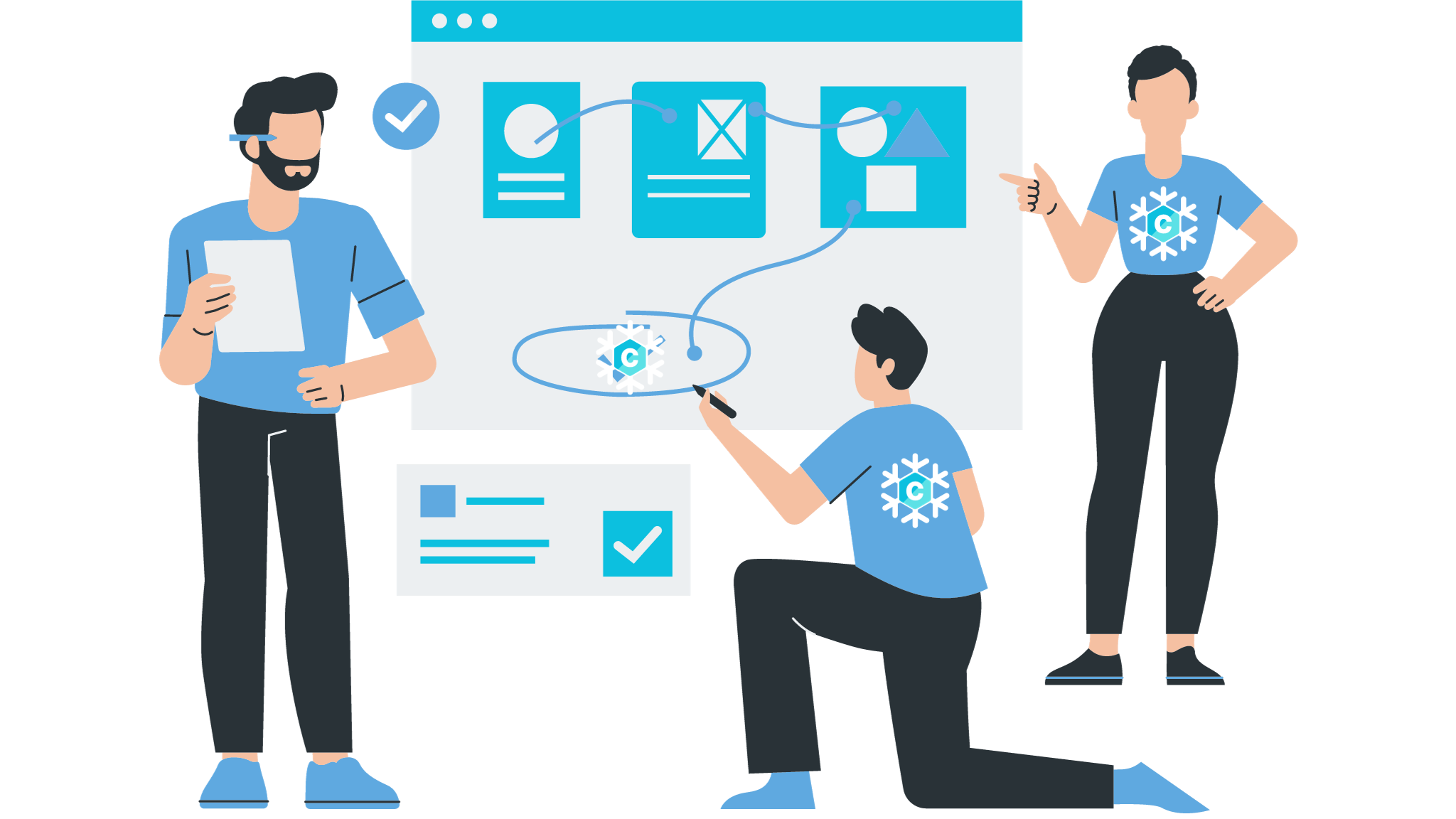 Drei Personen arbeiten an einem Projekt mit einem Whiteboard. Sie tragen T-Shirts mit einem Schneeflocken-Logo. Eine Person steht, eine sitzt auf einem Tisch, die dritte Person steht an einem Stehpult. Das Whiteboard zeigt Diagramme und Symbole, die miteinander verbunden sind.