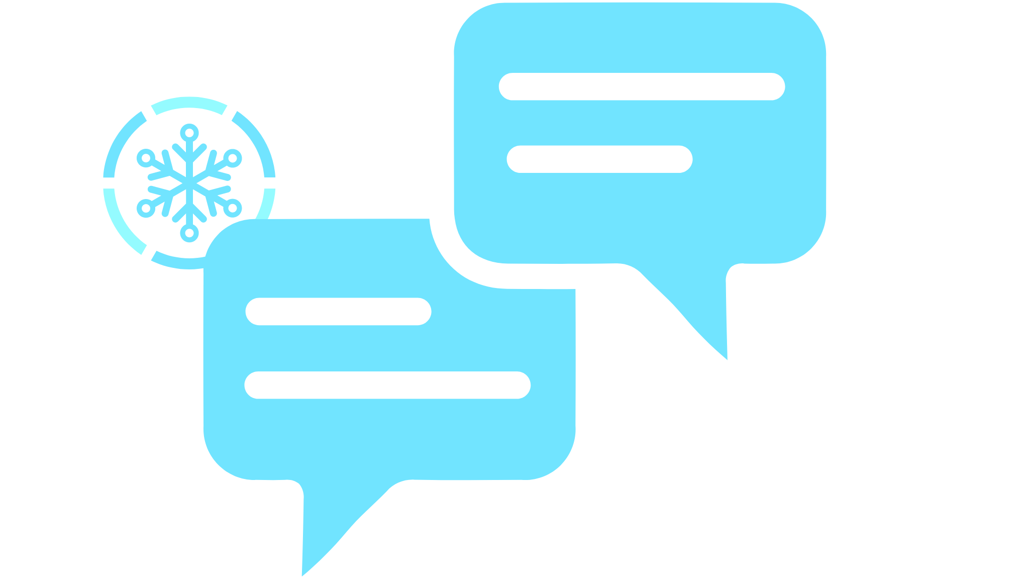 Zwei blaue Sprechblasen mit schwarzen Linien im Inneren, daneben ein schwarzer Weihnachtsstern mit blauer Schneeflocke.