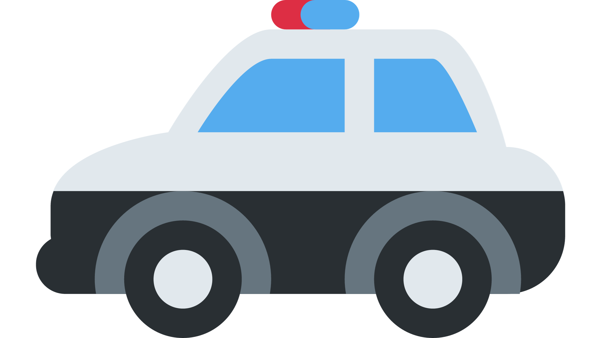 Eine vereinfachte, grafische Darstellung eines Polizeiautos mit blauen Fenstern, schwarzen Reifen und einem roten sowie blauen Licht auf dem Dach.