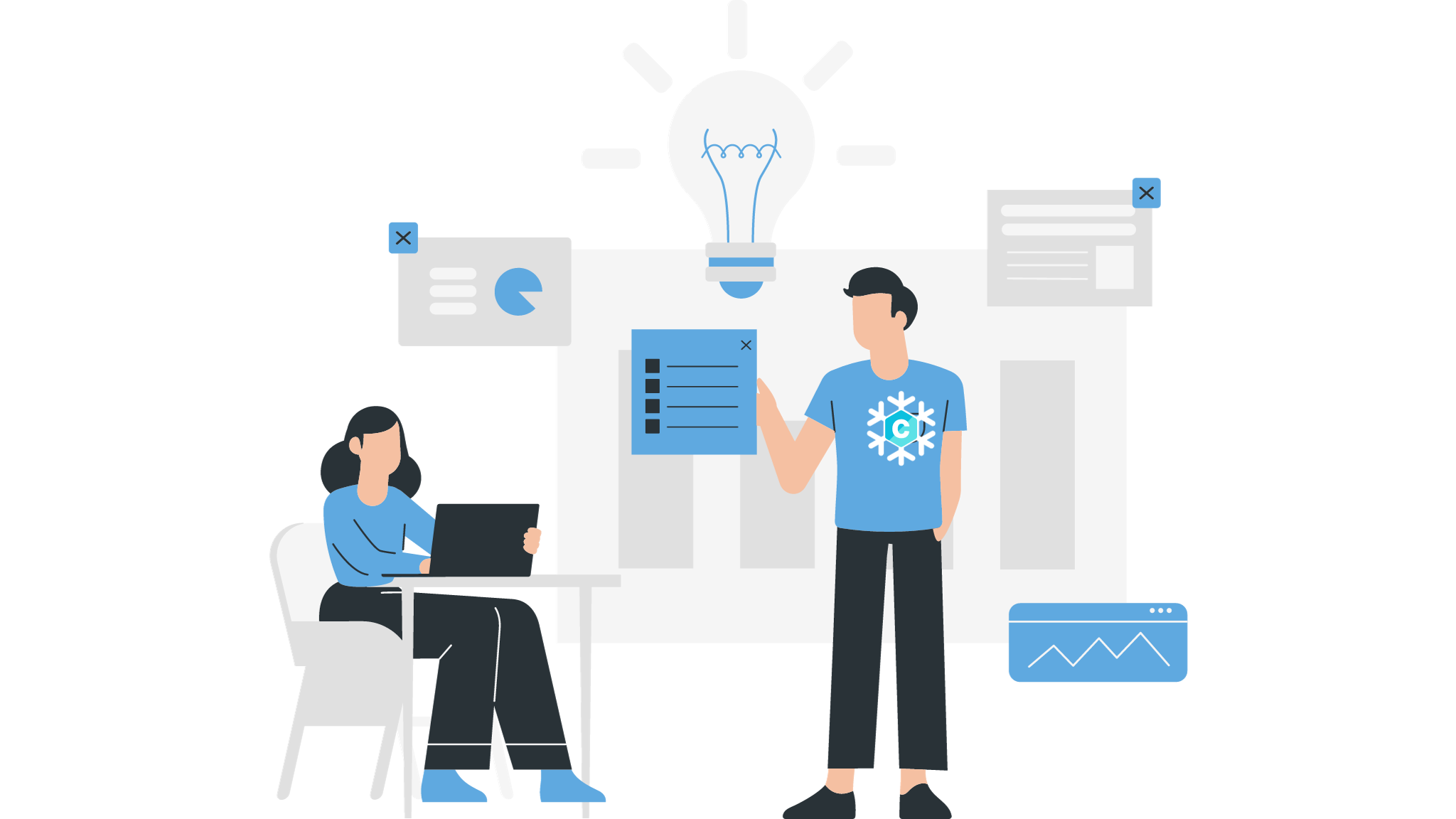 Illustration von zwei Personen, eine sitzend mit Laptop und die andere stehend, vor einem Hintergrund mit Diagrammen und einer Glühbirne, die eine Idee symbolisiert.