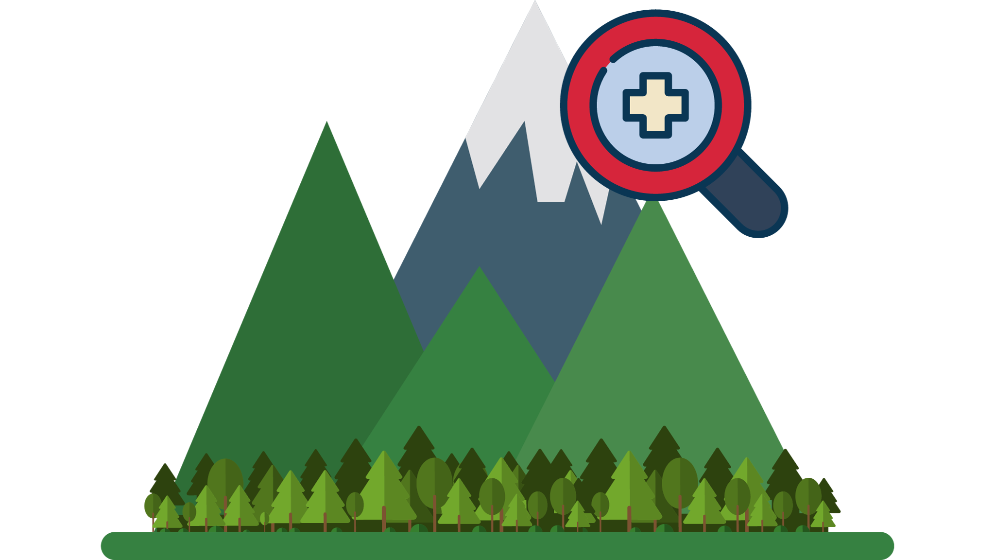 Illustration einer Berglandschaft mit Tannenbäumen im Vordergrund, hohen Bergen im Hintergrund und einem Lupensymbol mit einem medizinischen Kreuz, das auf die Berge zeigt.