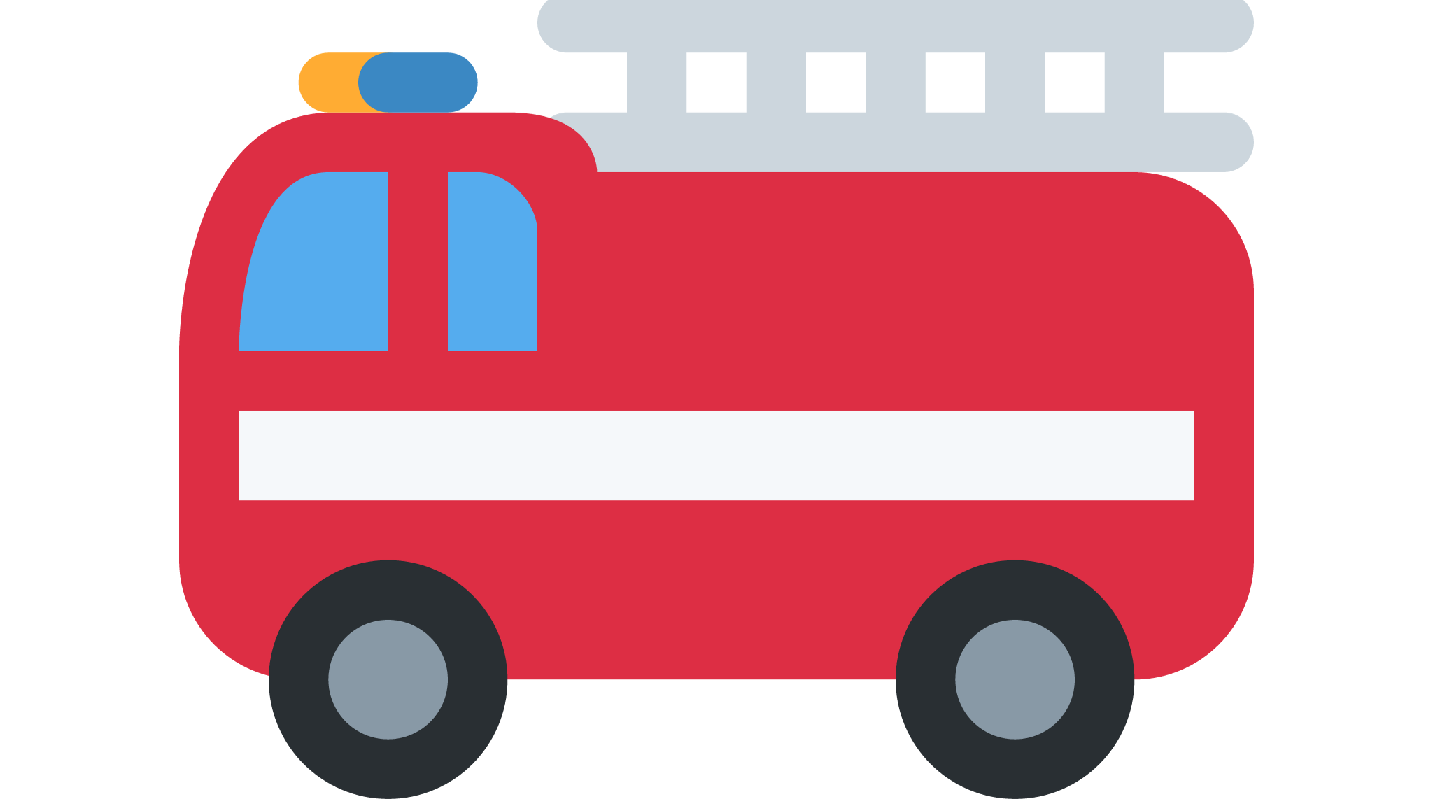 Eine stilisierte Illustration eines roten Feuerwehrautos mit blauen Fenstern, schwarzen Rädern und einem blaumelierten Licht auf dem Dach.