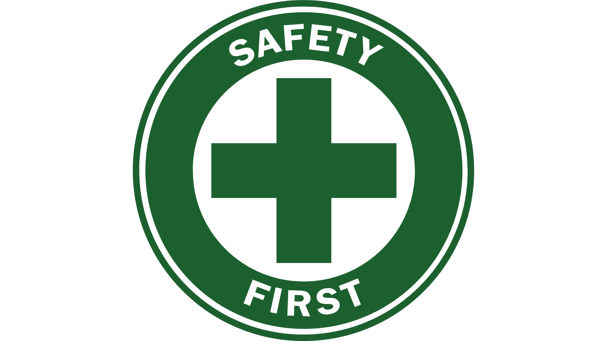 Grünes Sicherheits- und Erste-Hilfe-Logo mit Kreuz und der Beschriftung 'Safety First'