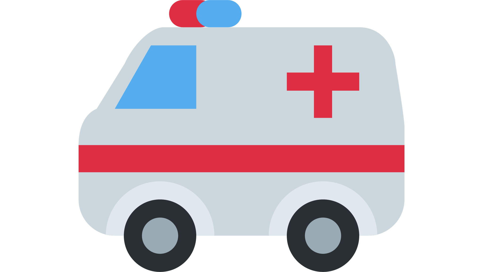 Symbol eines Krankenwagens mit rotem Kreuz auf der Seite, blauer Scheinwerfer auf dem Dach, schwarzen Rädern und grauem Körper.