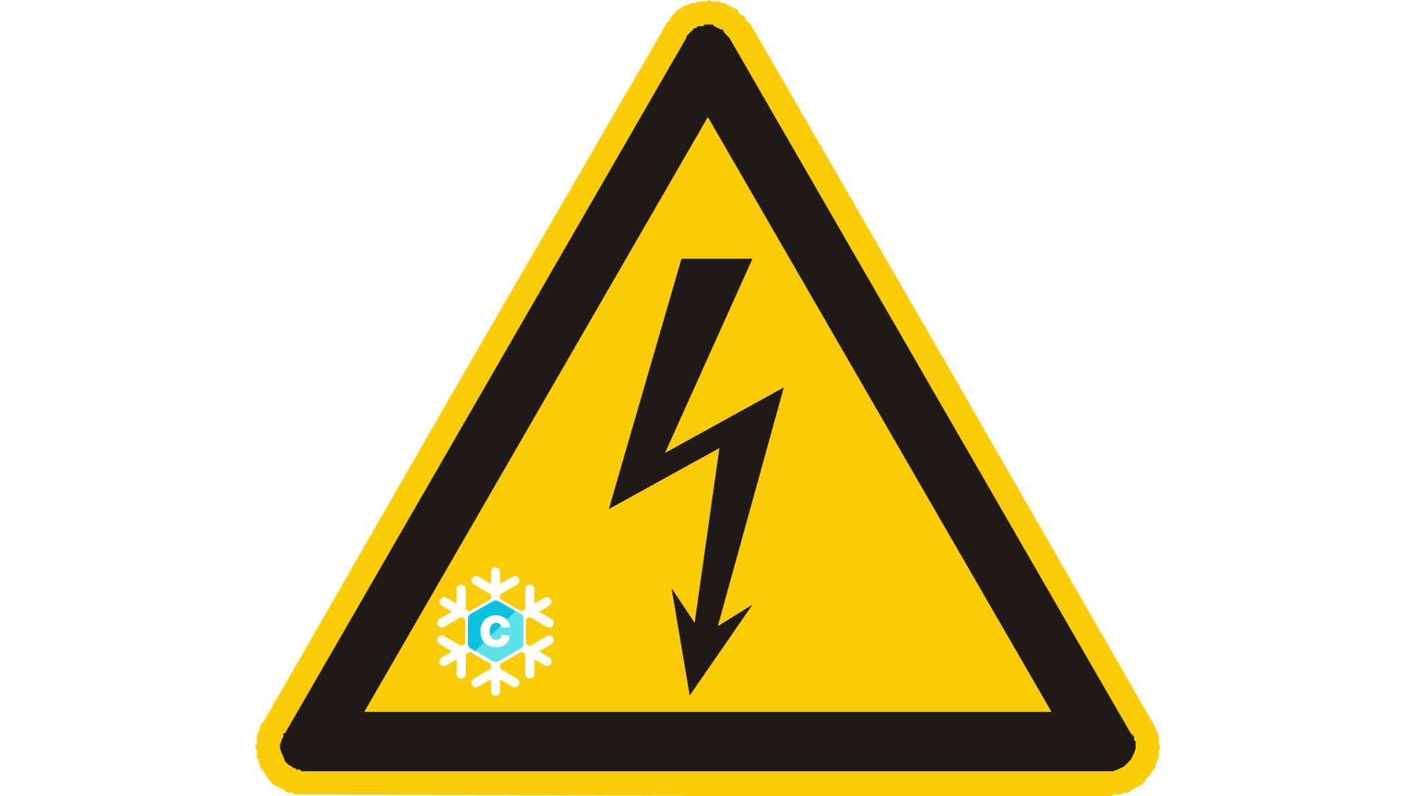 Warnschild mit schwarzem Blitz und gelbem Hintergrund, mit Schneeflocke und einem Buchstaben 'C'.