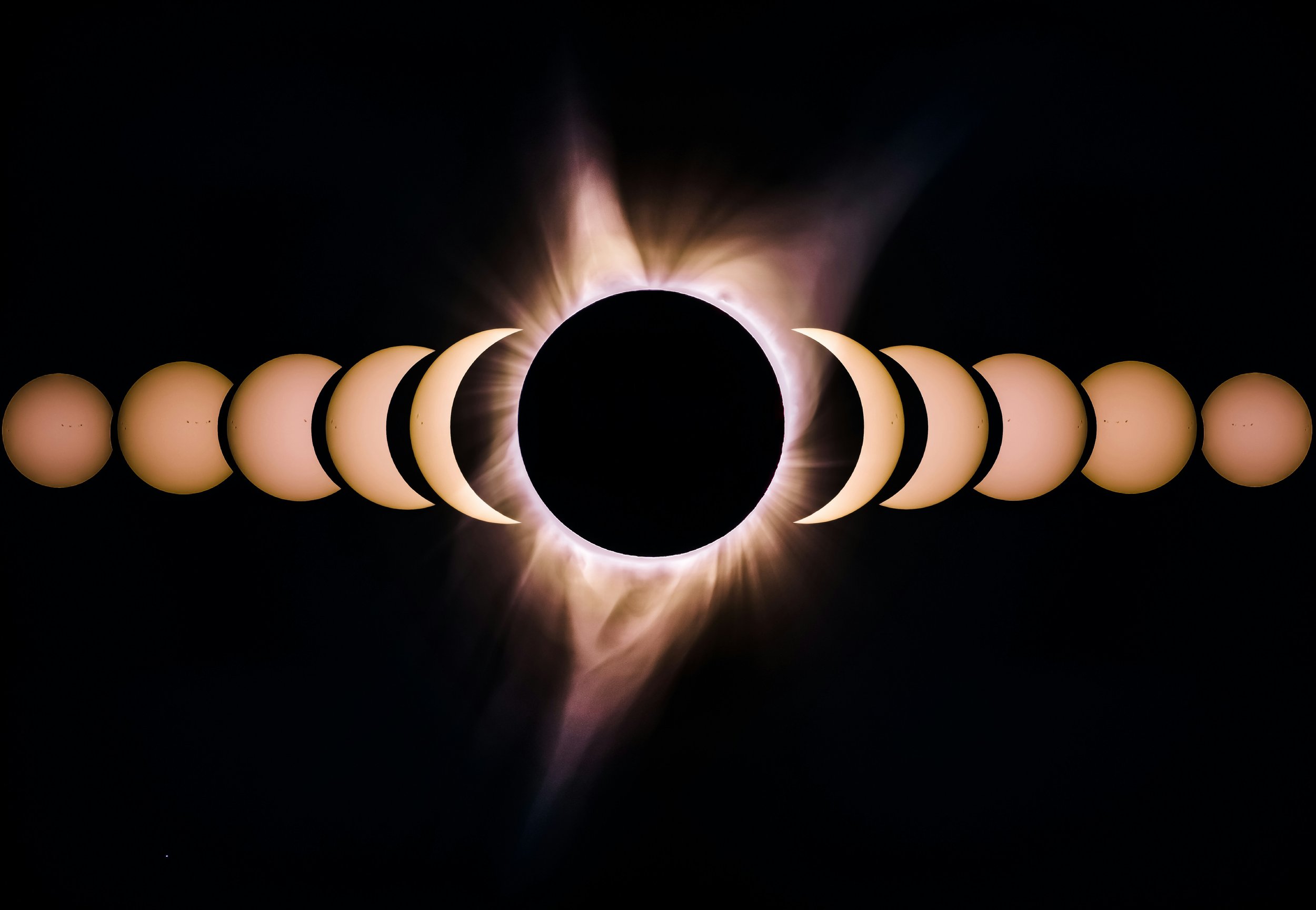Sequence of images depicting a solar eclipse, showing the moon moving across the sun, culminating in total eclipse with sun's corona visible.