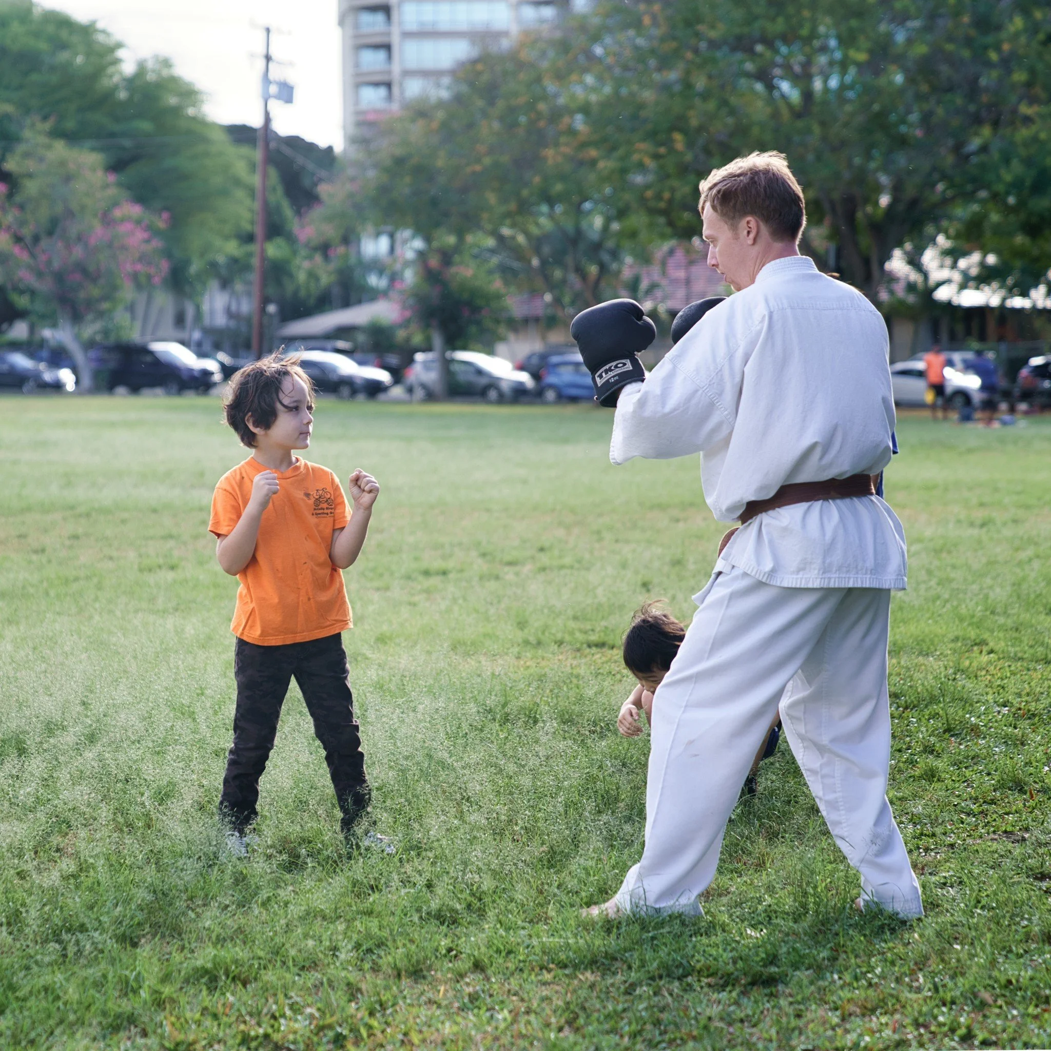 A young boy with dark hair and an orange T-shirt practicing martial arts in a grassy park while facing an adult male in a white martial arts uniform with a brown belt and black boxing gloves. Another child in a blue shirt is kneeling on the ground be