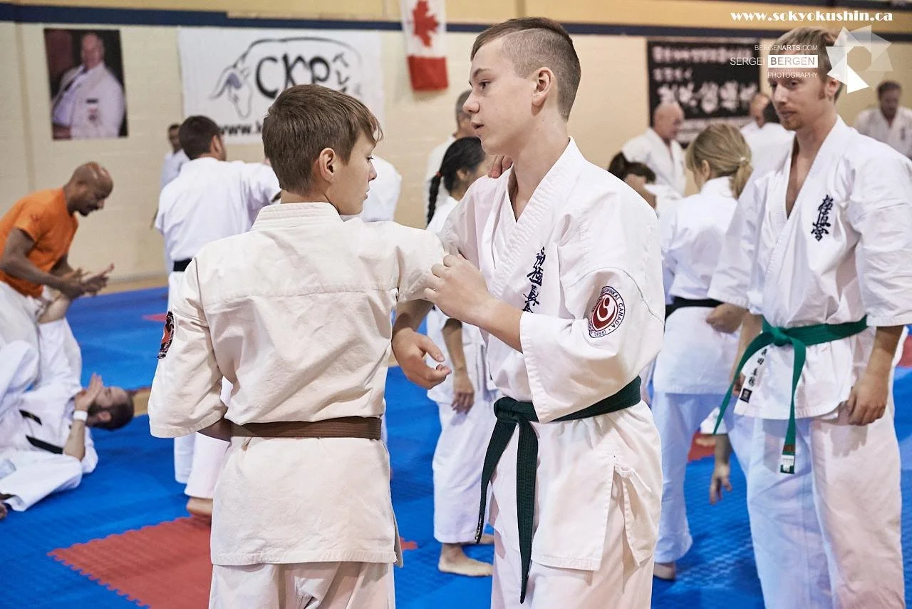 Two young martial artists practicing martial arts on blue mats with other practitioners in the background, a Canadian flag, and posters on the wall.