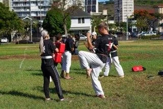 Martial arts practitioners practicing outdoors on a grassy field, with several people watching, and tall buildings in the background.
