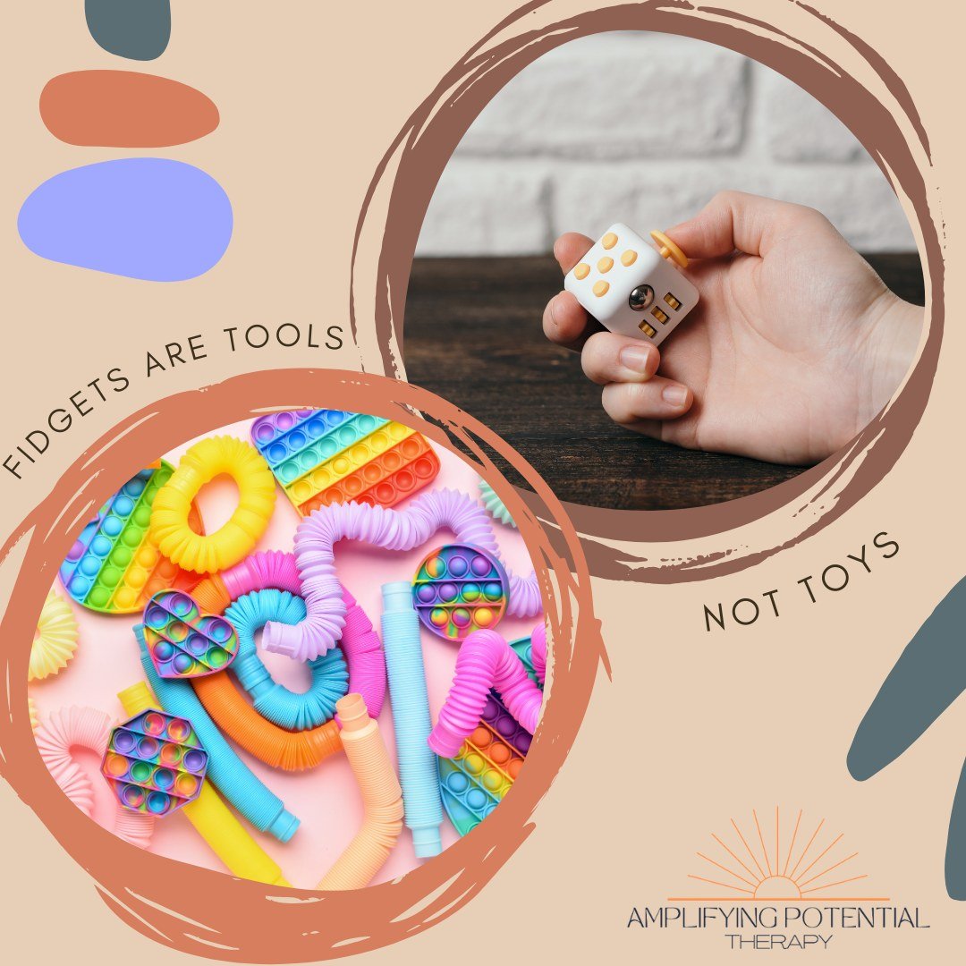 Let's talk about fidgets! Did you know that fidgets are more than just toys? They're tools that can help improve regulation, focus, manage stress, and increase productivity. 

Whether it's a stress ball, a fidget spinner, or something else, these too