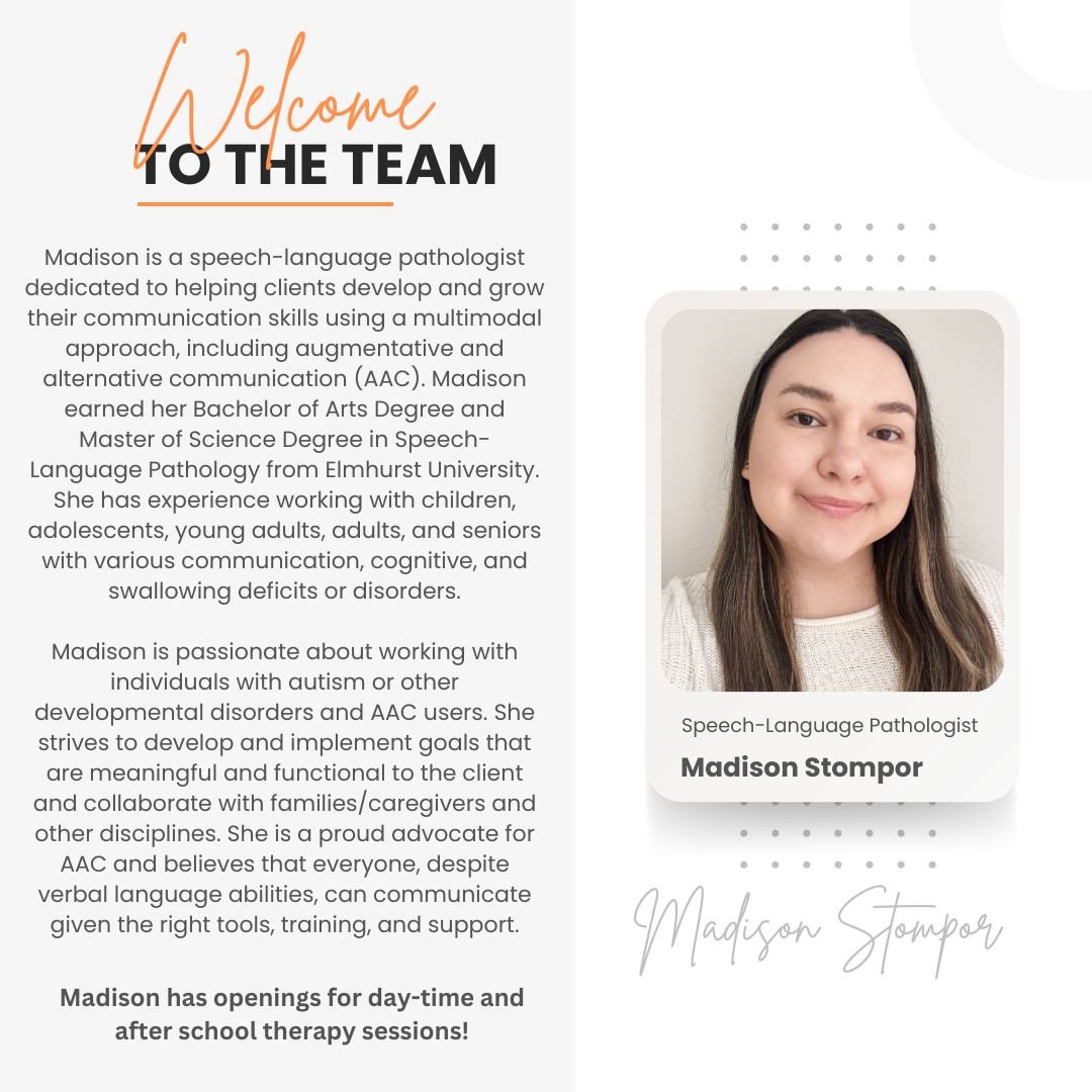 🌟 Exciting News! 🌟

We are thrilled to welcome Madison Stompor to our team as our new Speech-Language Pathologist! 🎉

Madison brings a wealth of experience and a passion for helping clients develop and grow their communication skills using a multi
