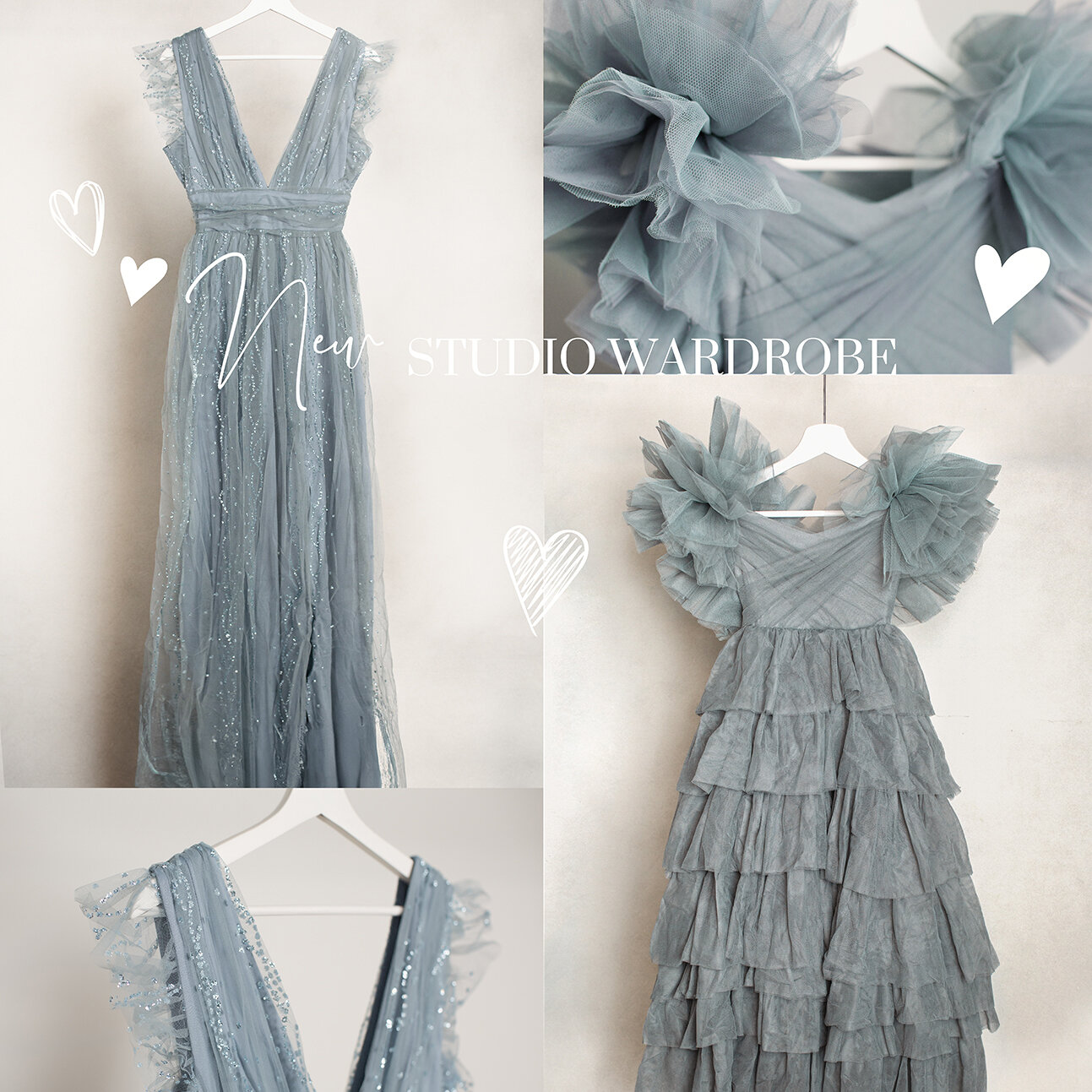 🤍 HAPPY VALENTINE'S DAY! 🤍 Sharing a little studio love today! Two new dresses have been added to the client closet. Just look at these dusty blue beauties! They are gorgeous, feminine, and have a touch of whimsical charm, perfect for your next mom