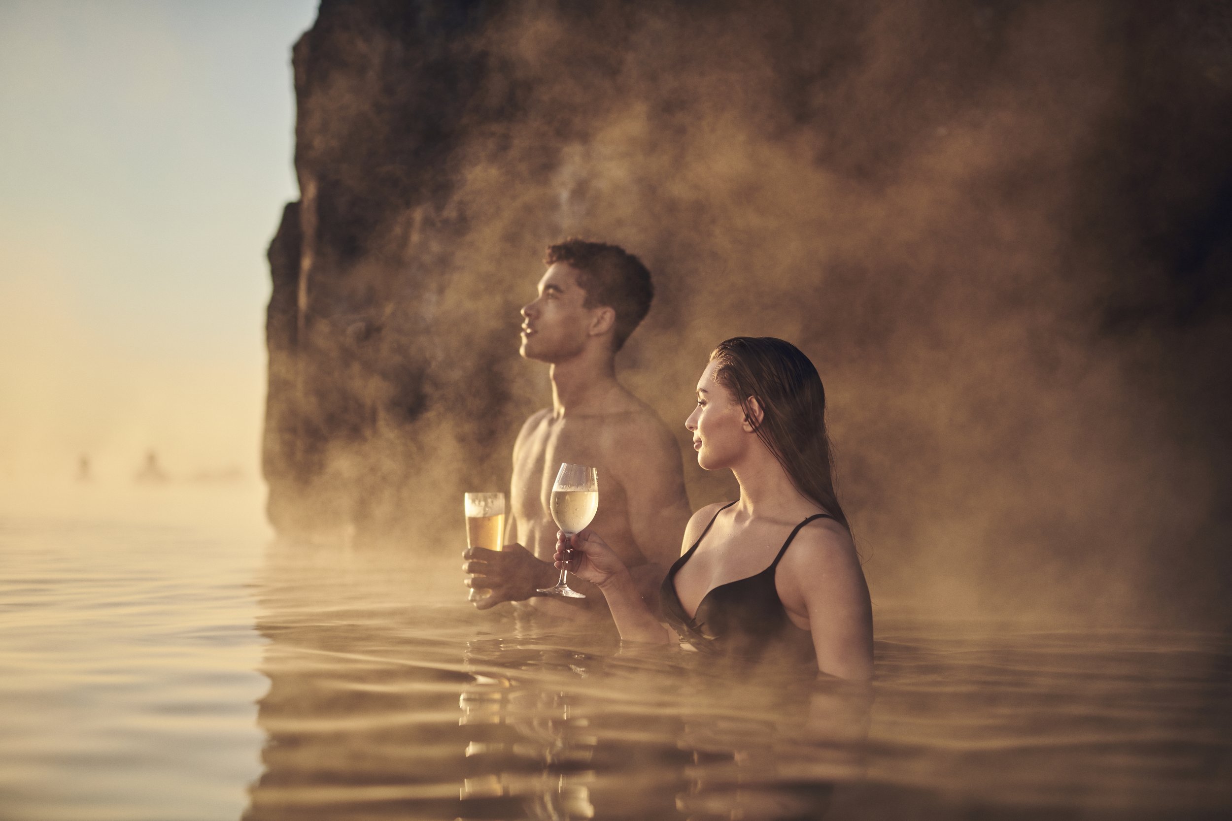 Couple bathing at Sky Lagoon Hot Spring Near Reykjavik