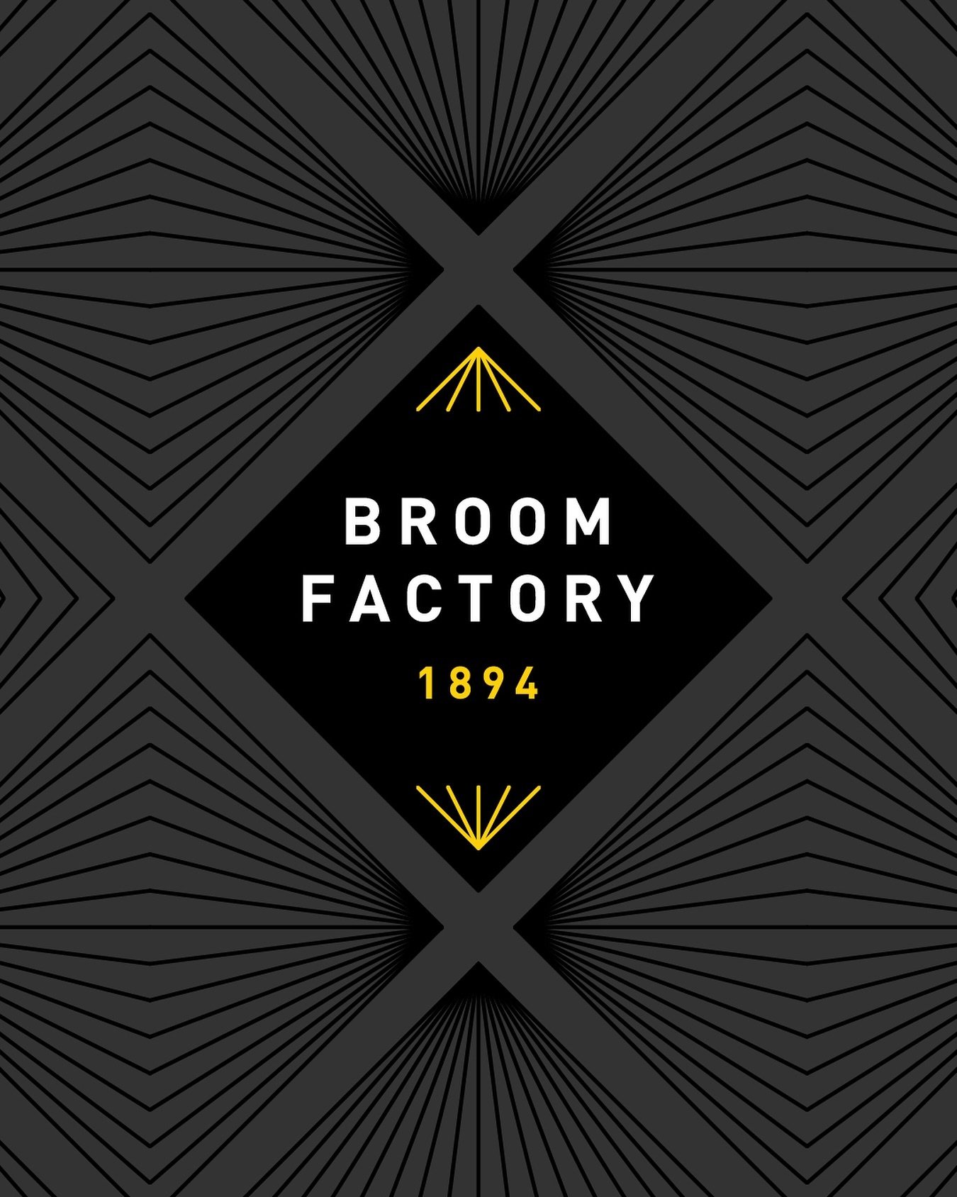 Logo and visual identity design for The Broom Factory, a cultural centre established within a factory building dating back to 1894 in Kingston, Ontario. The space features a performance venue, a caf&eacute;, co-working facilities, and office spaces. 