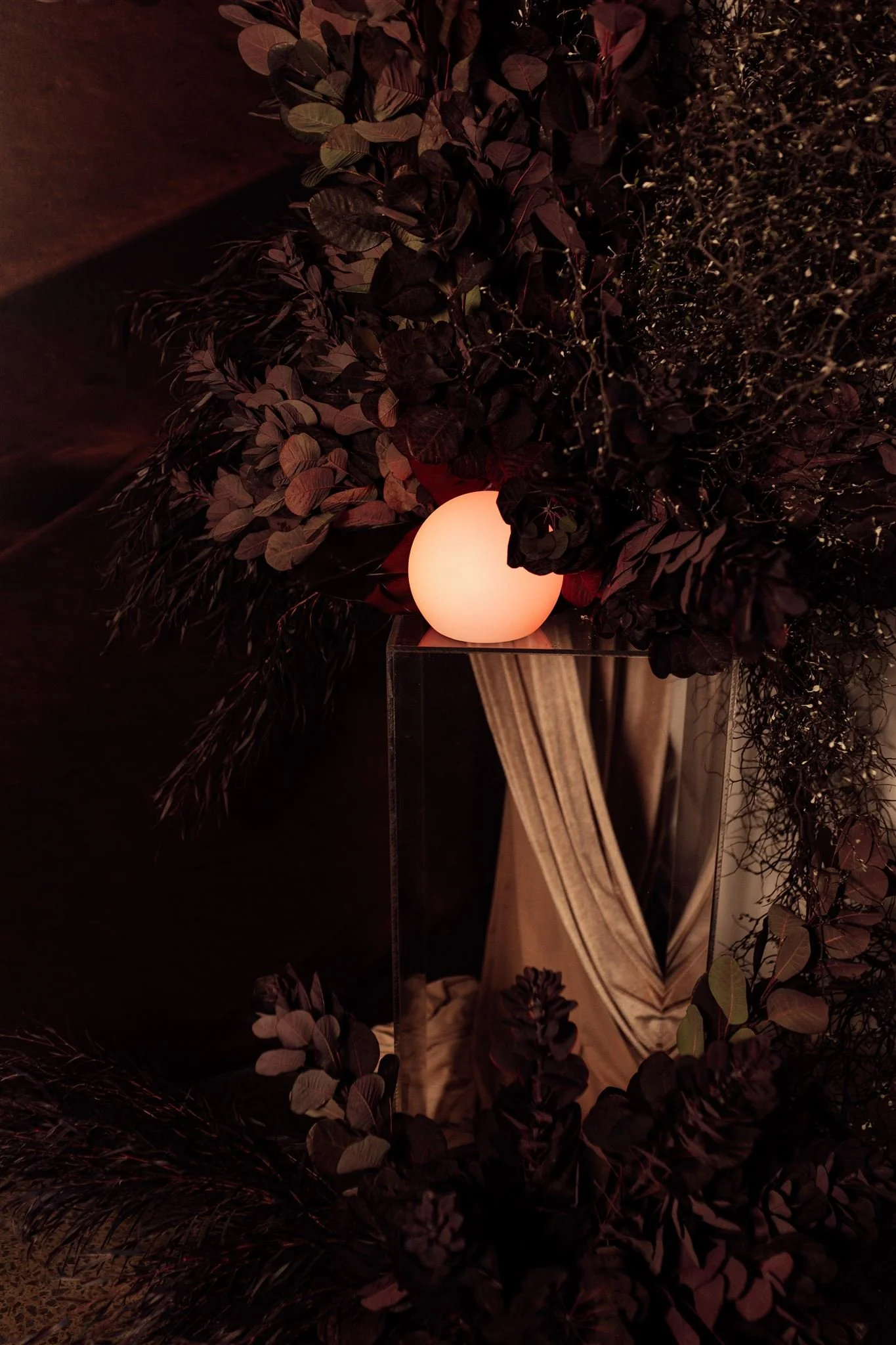 A glowing round light on a transparent stand surrounded by dark purple leaves and plants, with a draped cream cloth underneath.